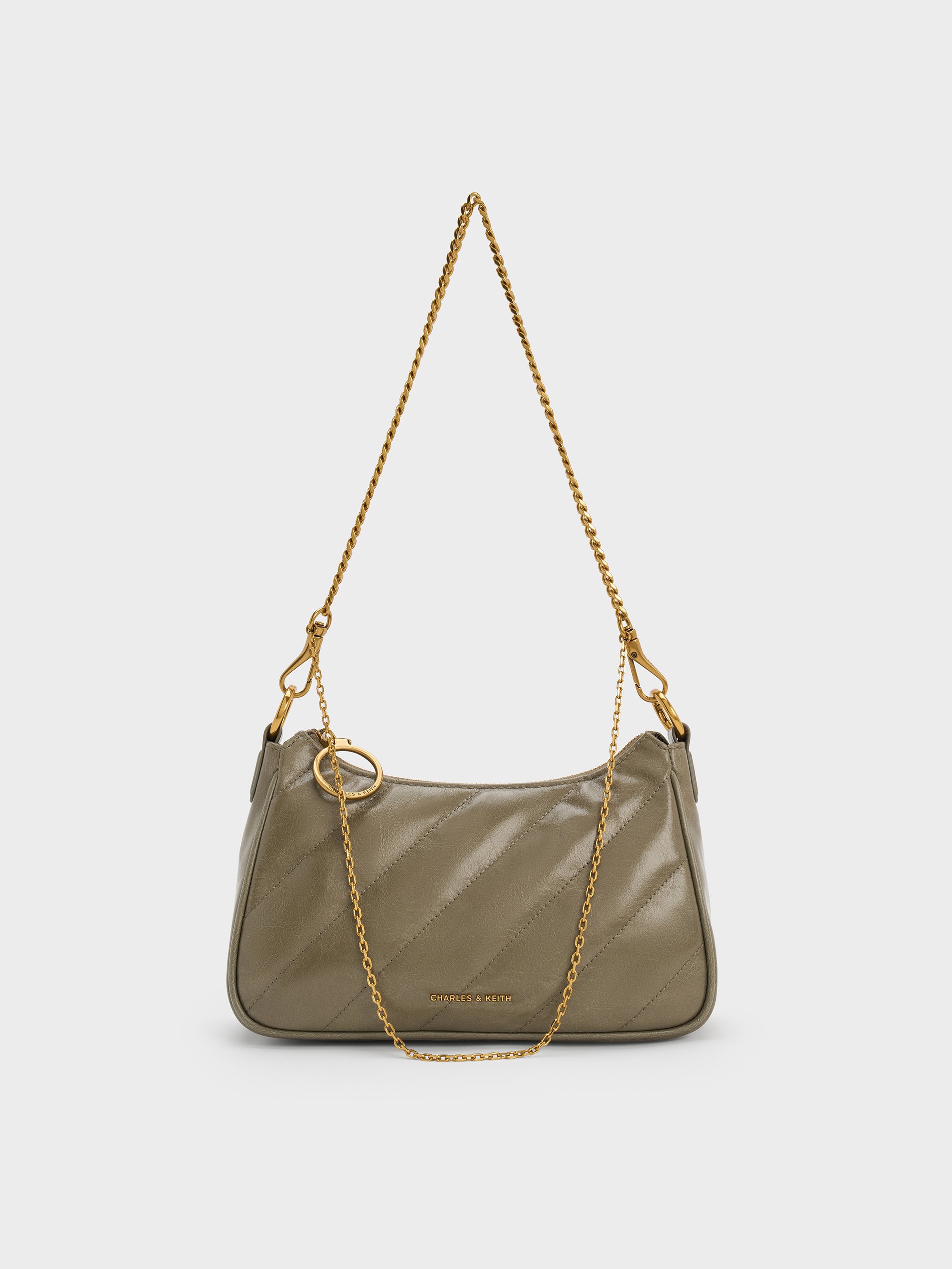 Charles & Keith - Philomena Crinkle-effect Chain-strap Crossbody Bag In Green
