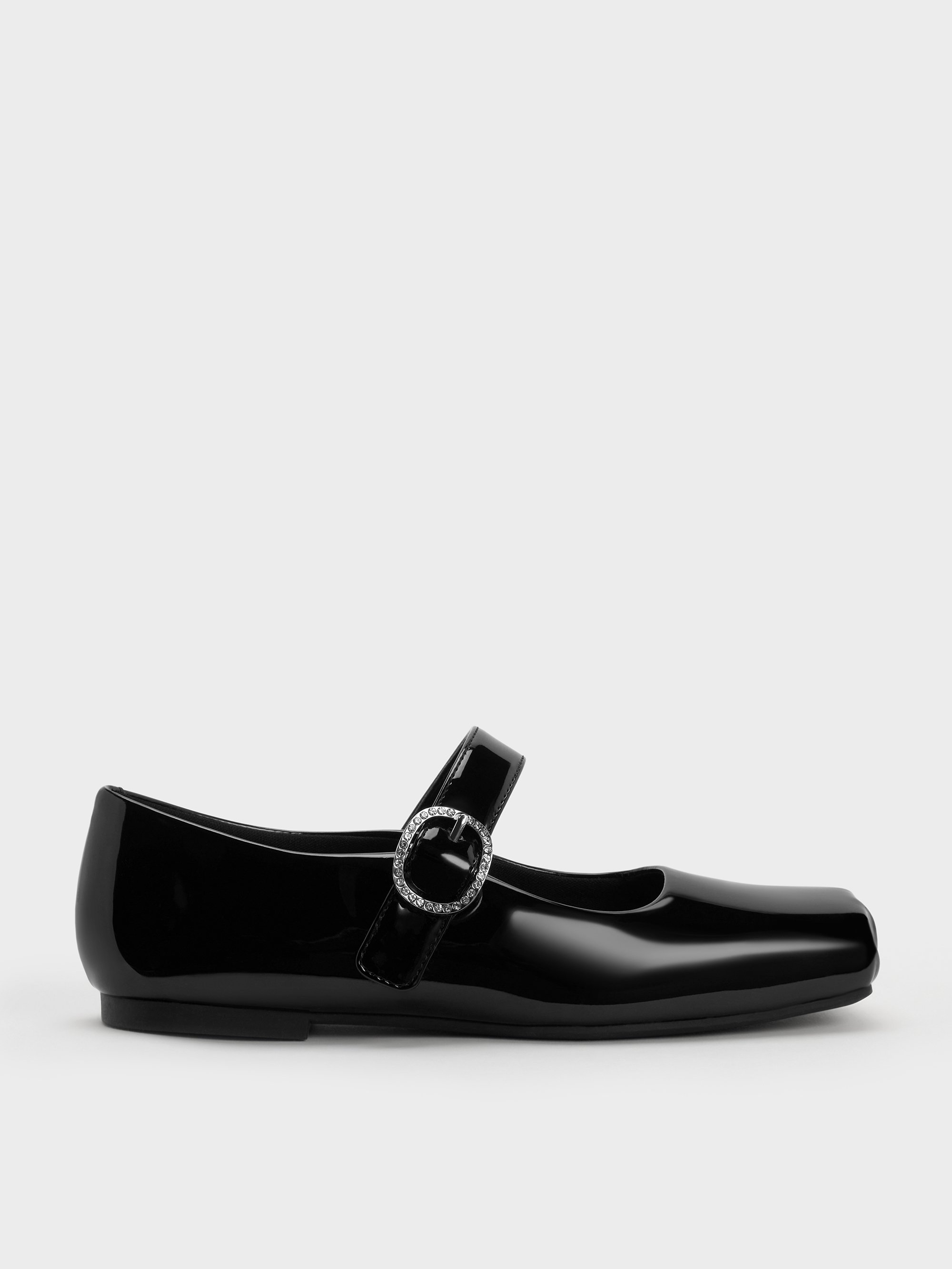 Charles & Keith - Girls' Patent Crystal-buckle Square-toe Mary Jane Flats In Black