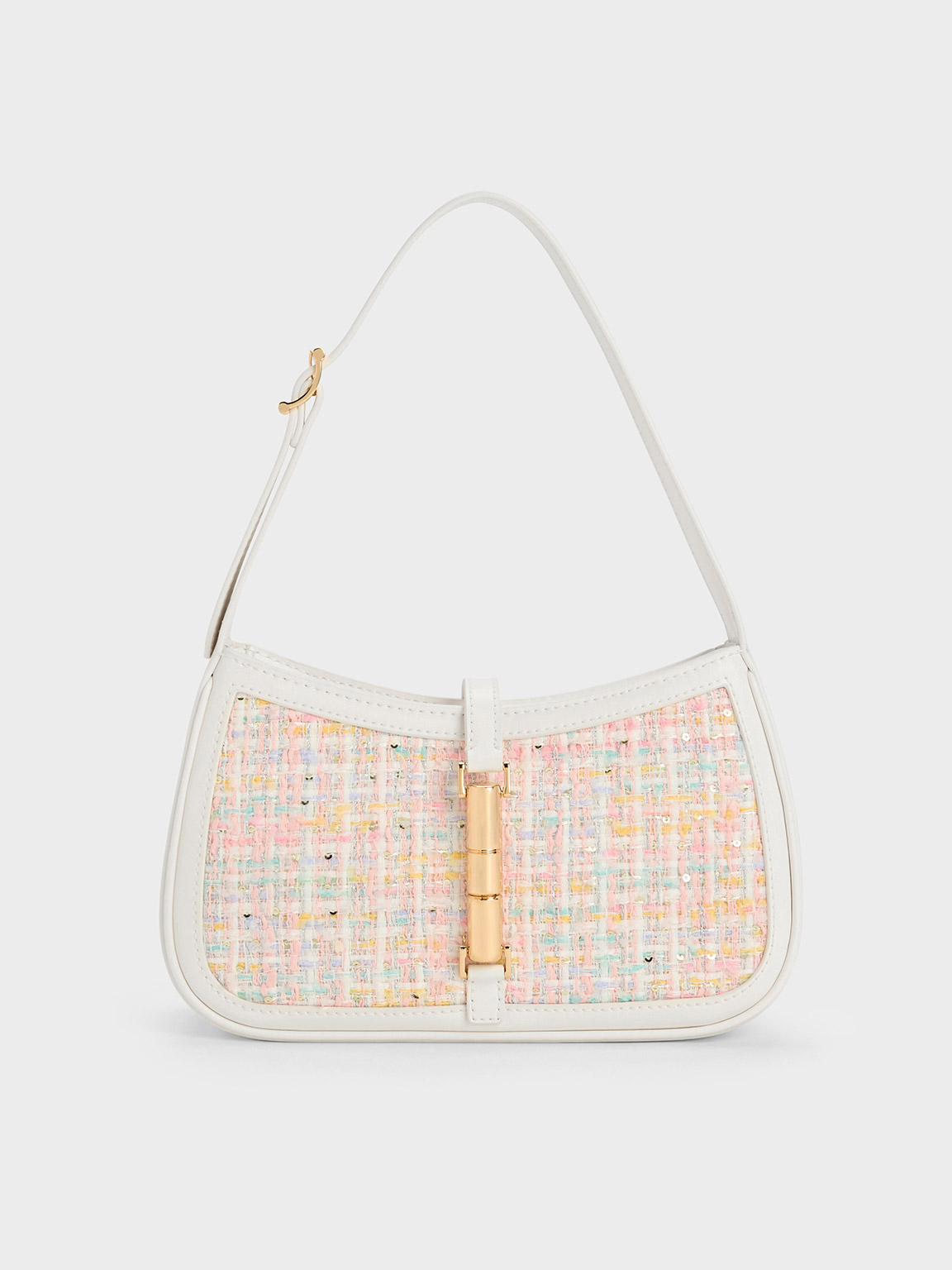 Charles & Keith Cesia Metallic Accent Tweed Shoulder Bag In White