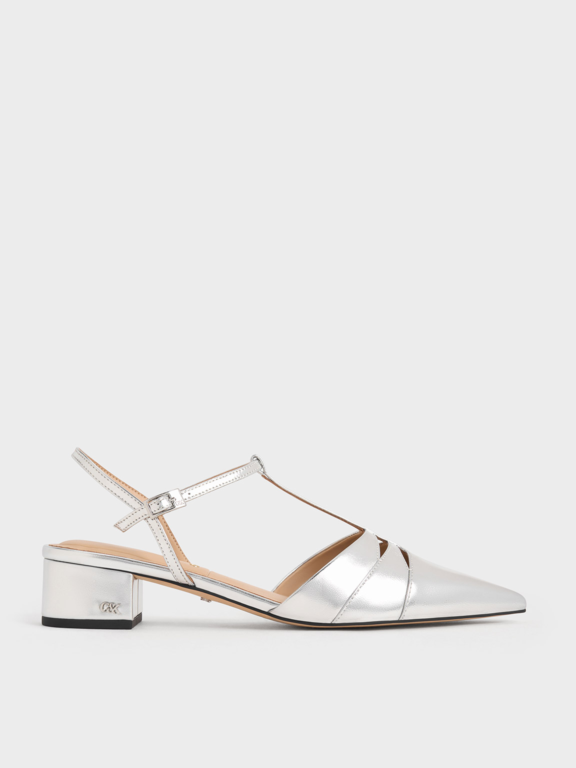 Shop Charles & Keith - Metallic Leather T-bar Block-heel Pumps In Silver