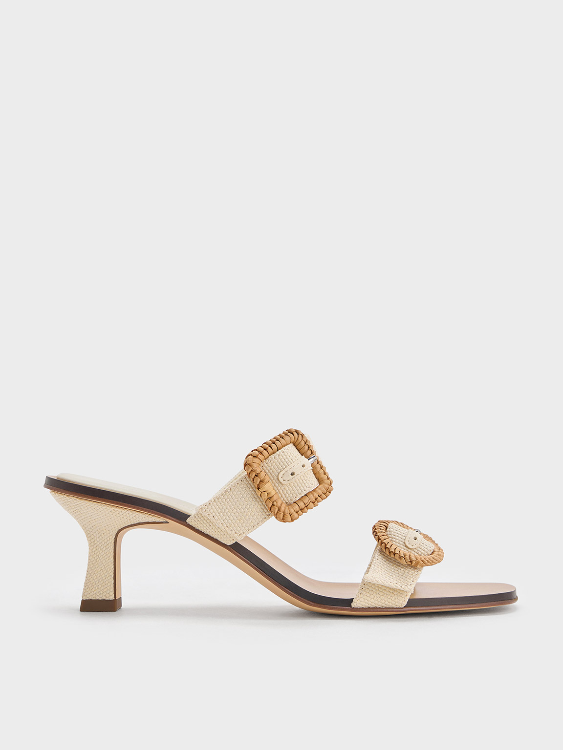Shop Charles & Keith - Woven-buckle Heeled Mules In Chalk