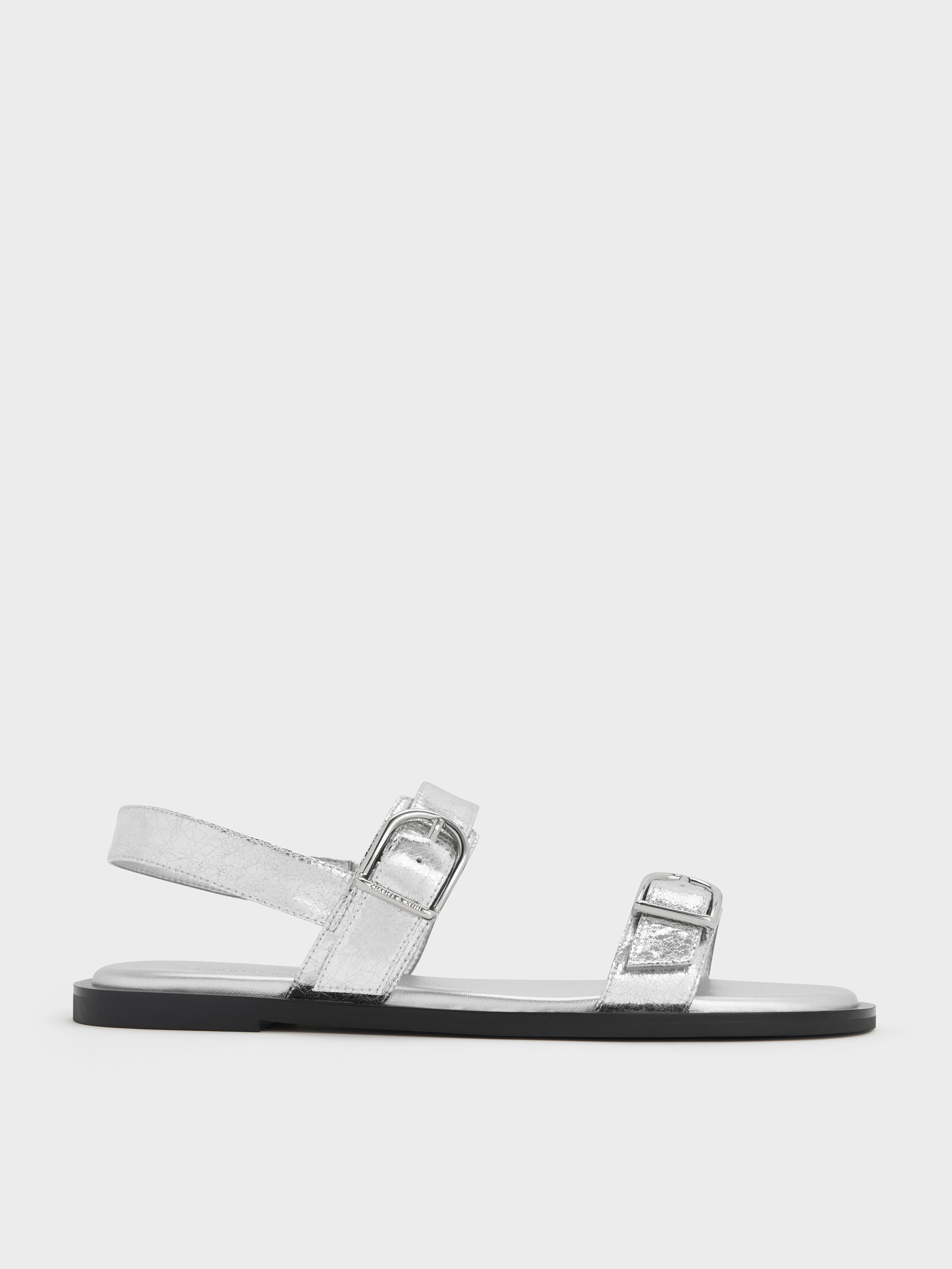 Silver Metallic Double Buckle-Strap Slingback Sandals Silver Metallic Double Buckle-Strap Slingback Sandals