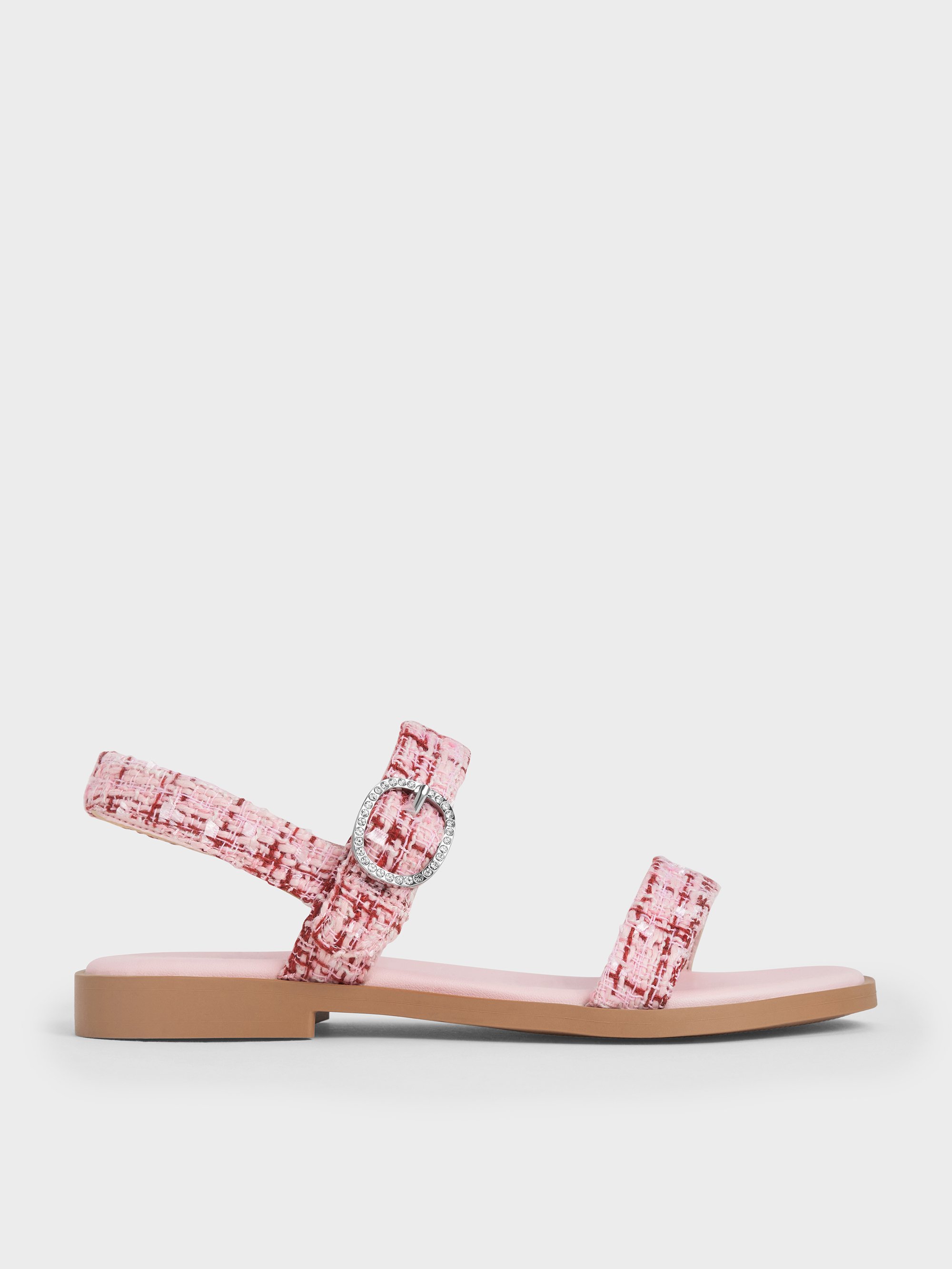 Charles & Keith - Girls' Tweed Crystal-buckle Double-strap Slingback Sandals In Pink