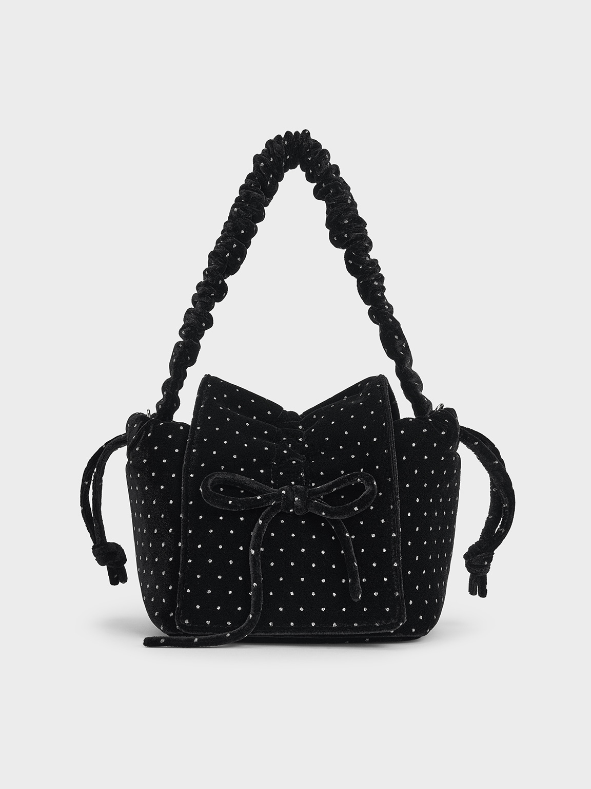 Black Textured Velvet Dotted Bow Ruched Top Handle Bag CHARLES KEITH US