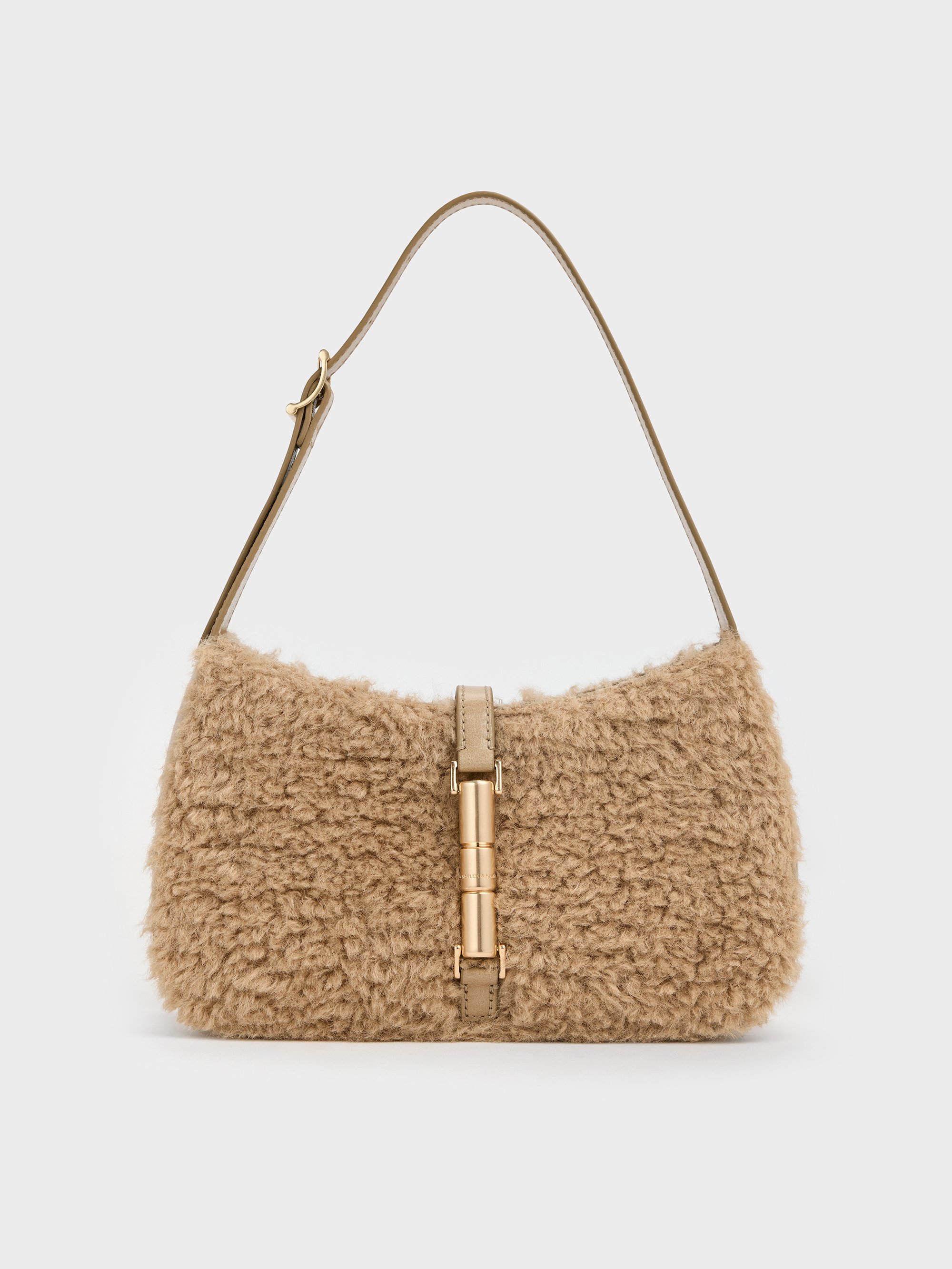 Charles & Keith - Cesia Faux Shearling Metallic-accent Shoulder Bag