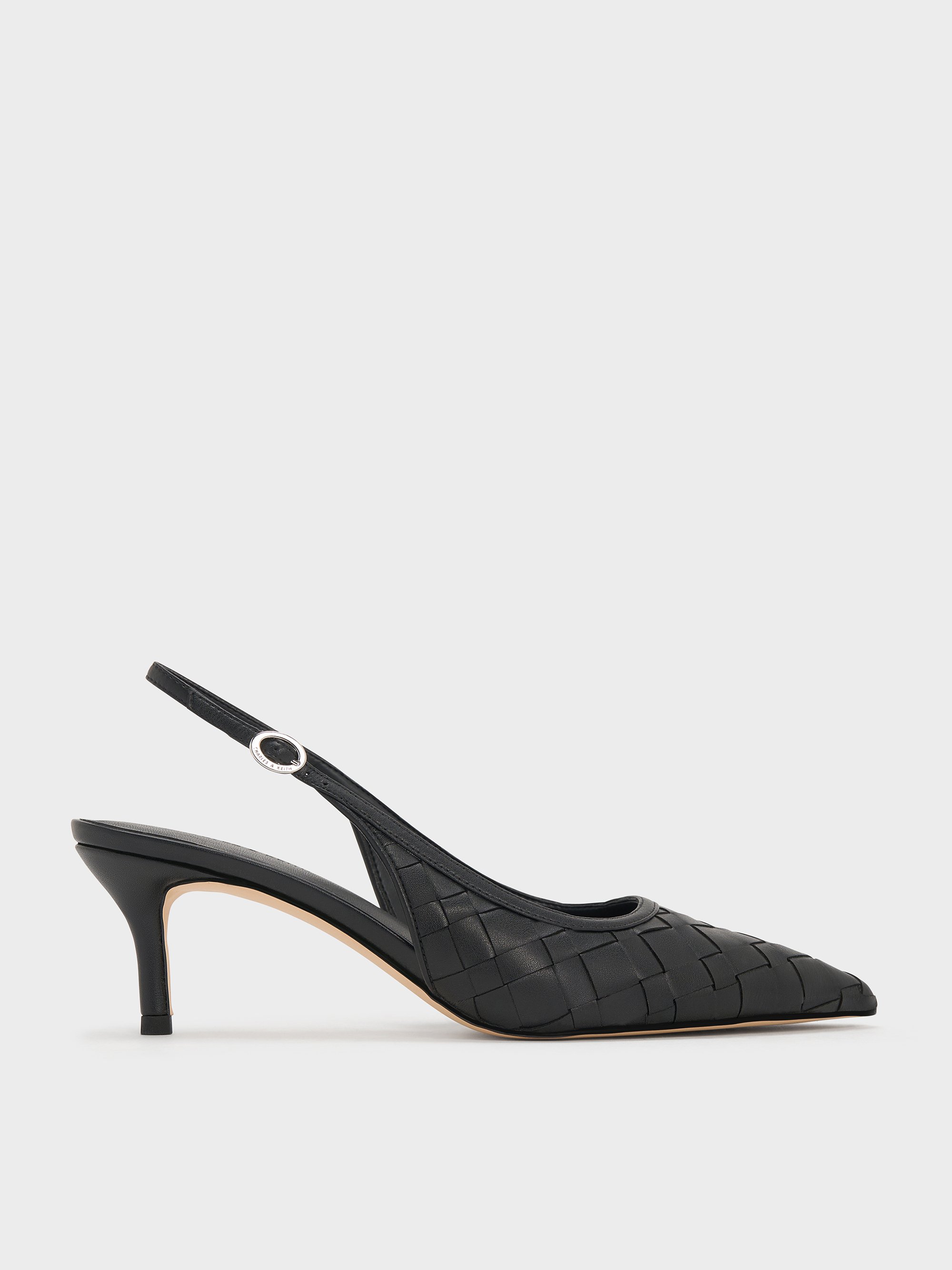 ★CHARLES&KEITH★Straw Pointed Toe Slingback/送料込 Black Textured Recycled Polyester Crystal-Embellished