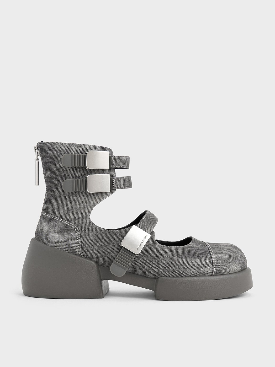 Dark Grey Robbie Denim-Effect Ankle-Strap Mary Jane Boots - Dark