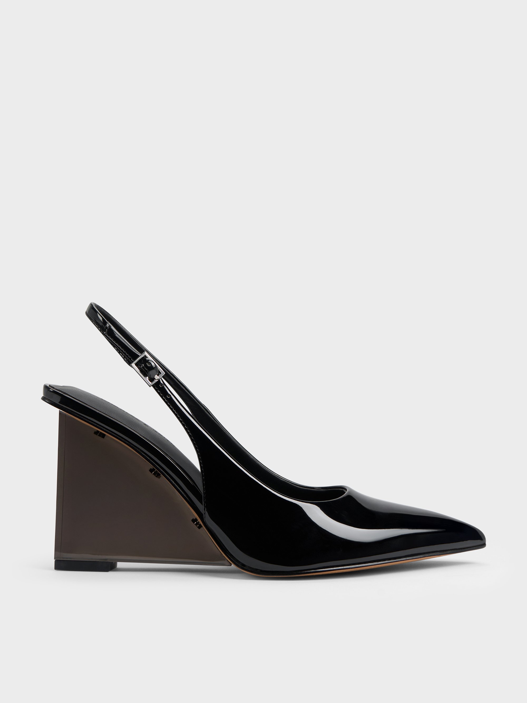Charles & Keith - Patent Translucent-heel Slingback Wedges In Black