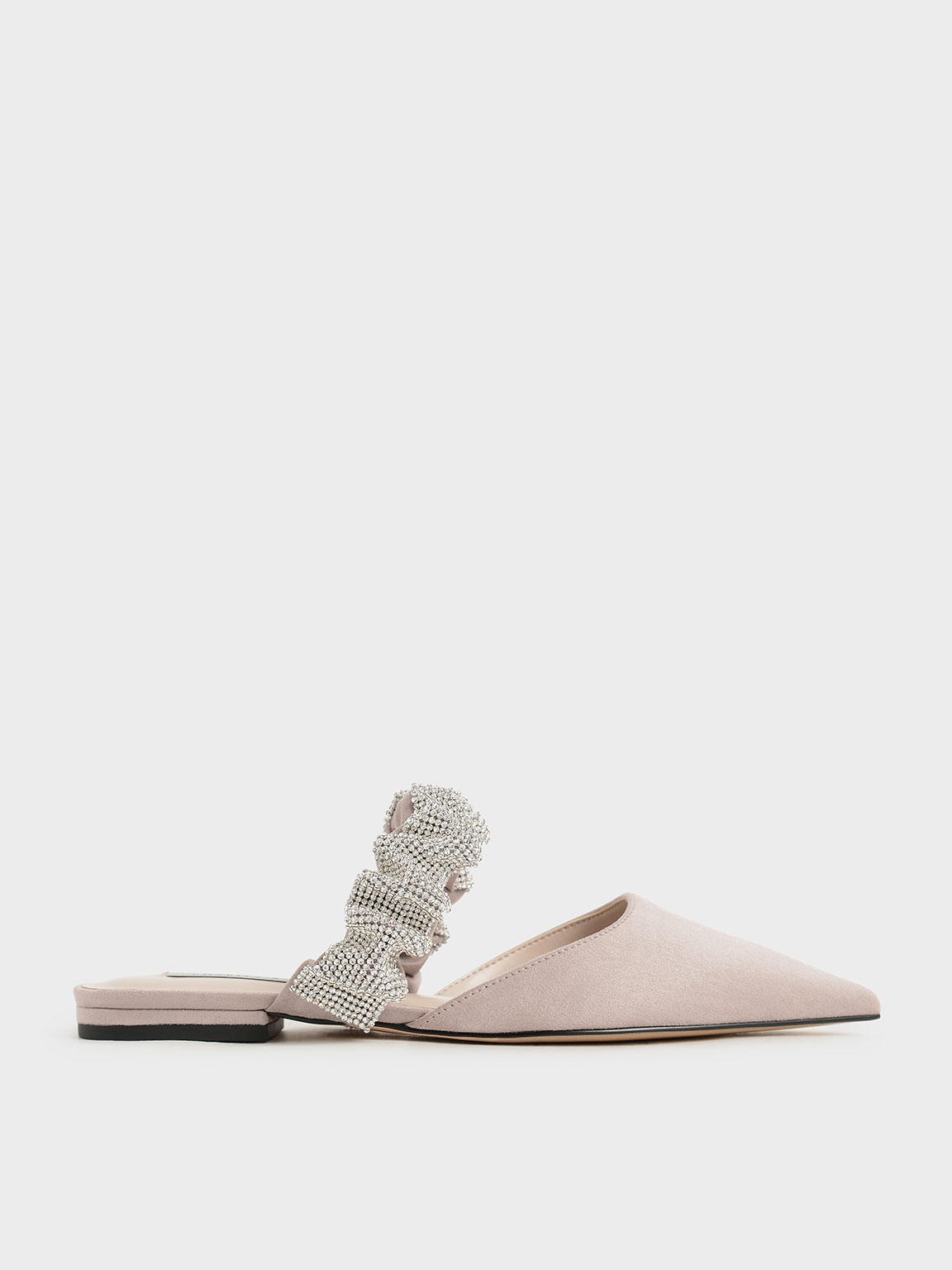 Nude Gem-Encrusted Ruched Strap Textured Mules - CHARLES & KEITH 