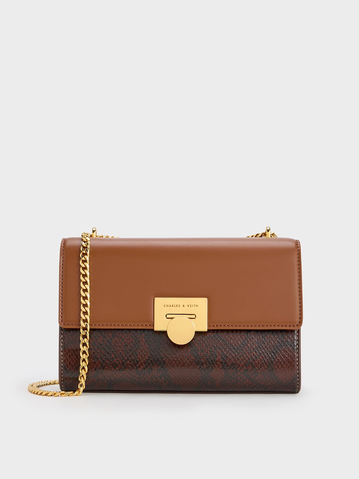 Chocolate Snake Print Chain-Strap Bag - CHARLES & KEITH International 