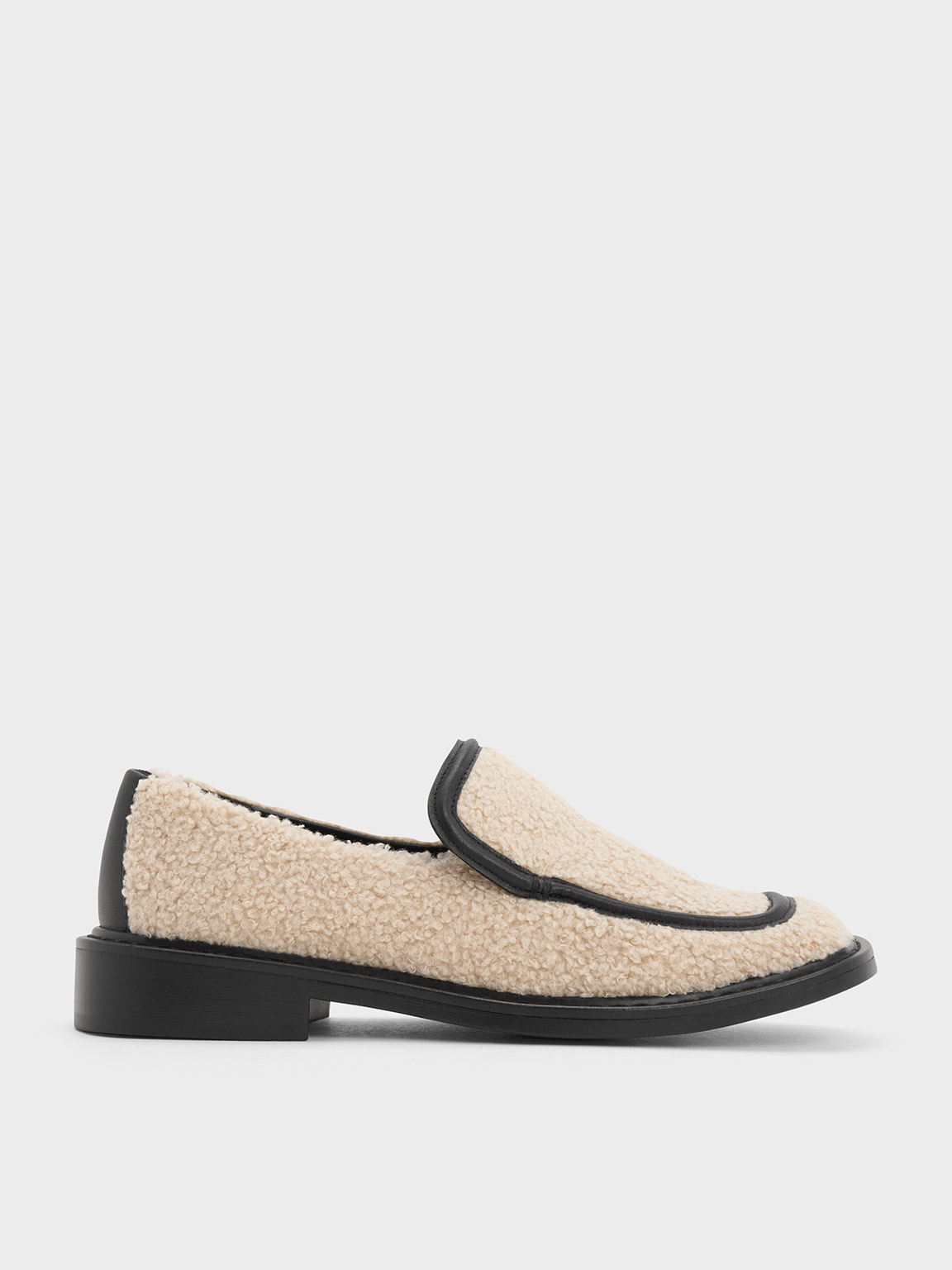 Charles & Keith Rosalie Furry Leather Loafers In Beige