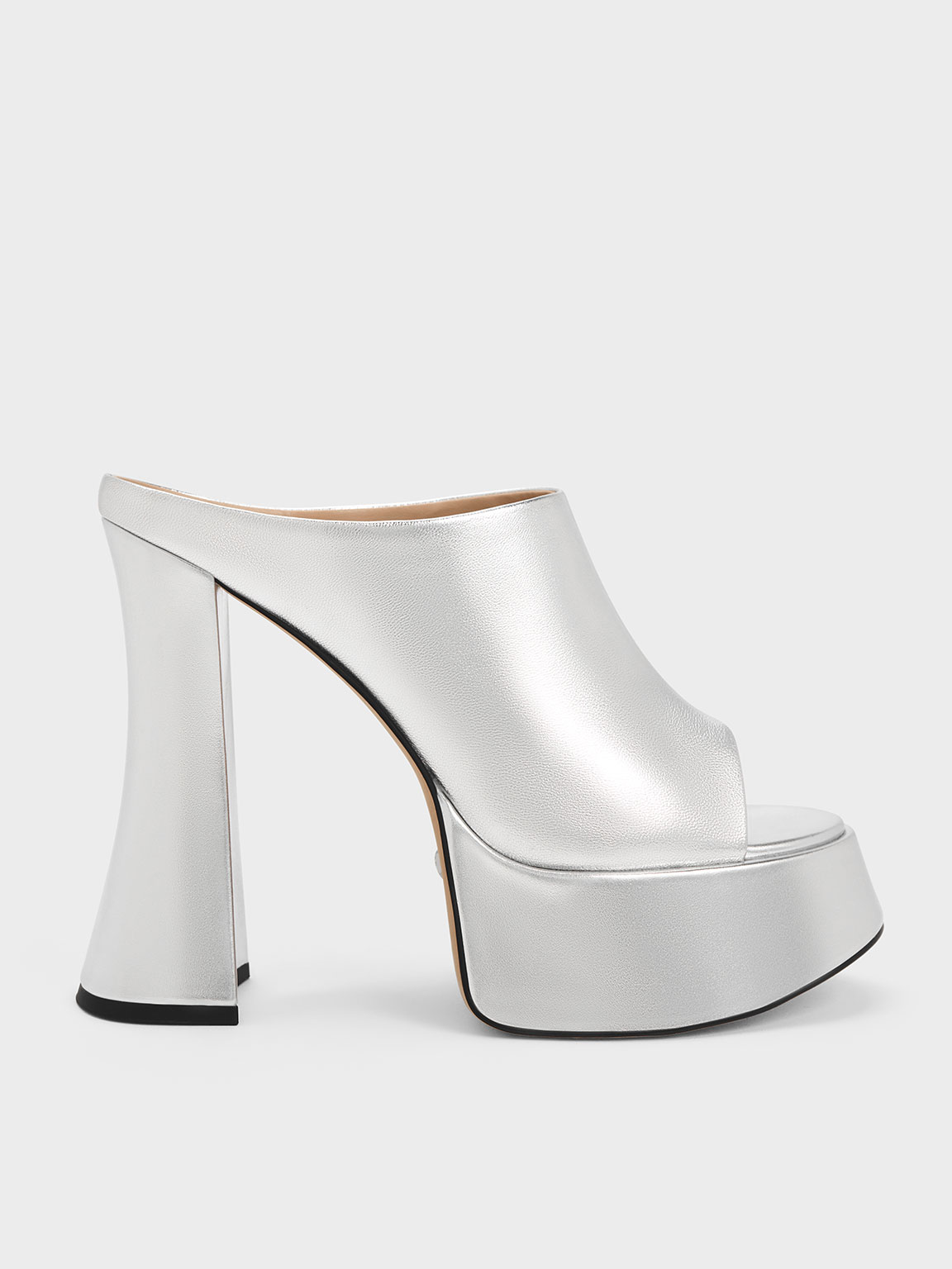 Silver Delphine Leather Metallic Platform Mules - CHARLES & KEITH SG