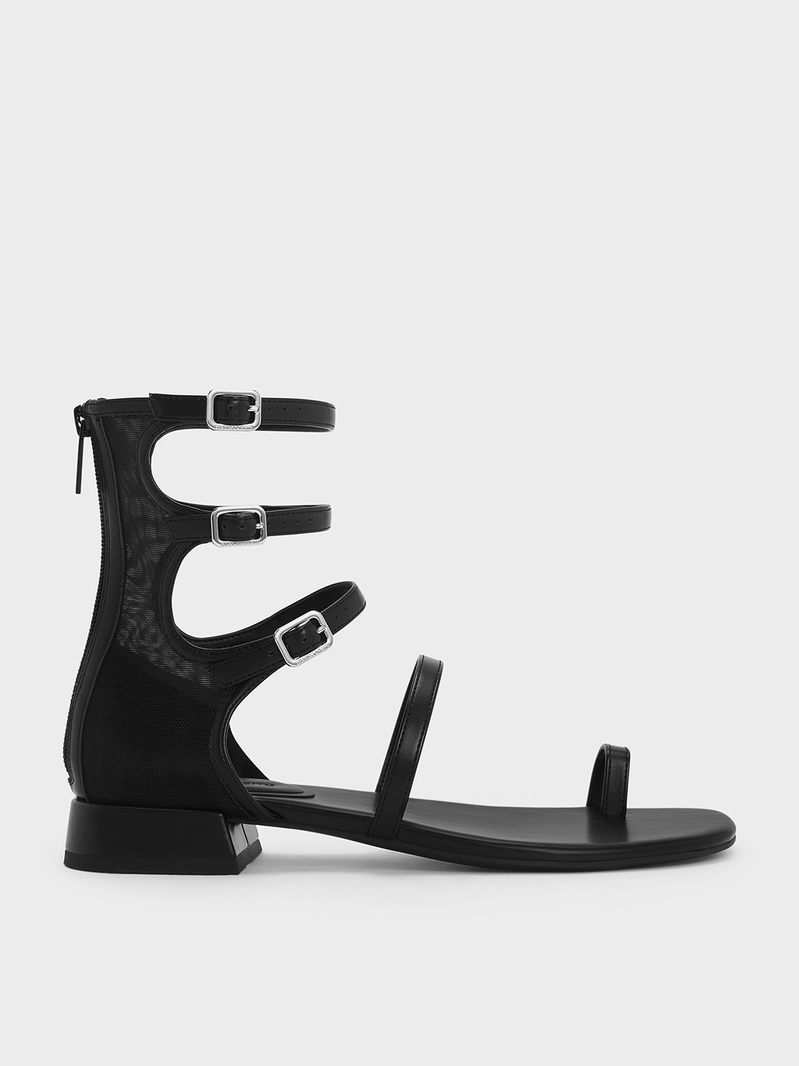 Charles & Keith Lyric Mesh Gladiator Toe-ring Sandals In Black Textured