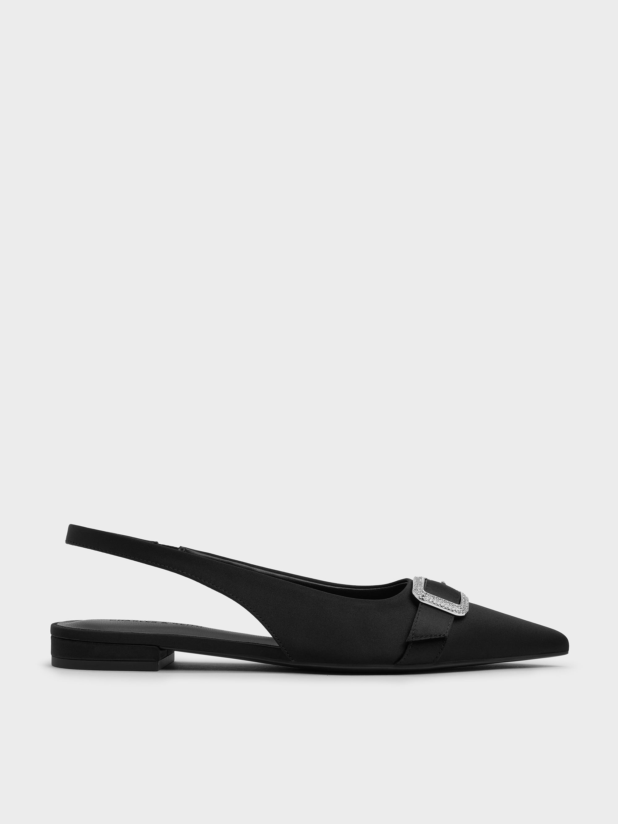Charles&Keith ストーンフラットシューズ 37 BLACK Satin Crystal-Buckle Slingback Flats - Black Textured - CHARLES