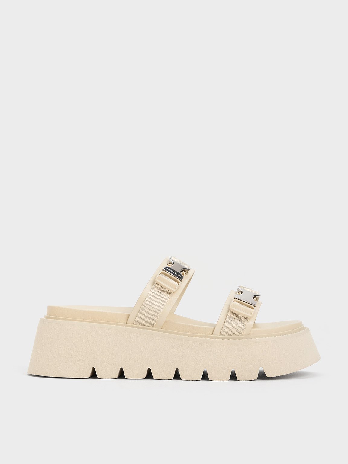 Shop Charles & Keith - Laine Metallic-buckle Flatform Sandals In Beige