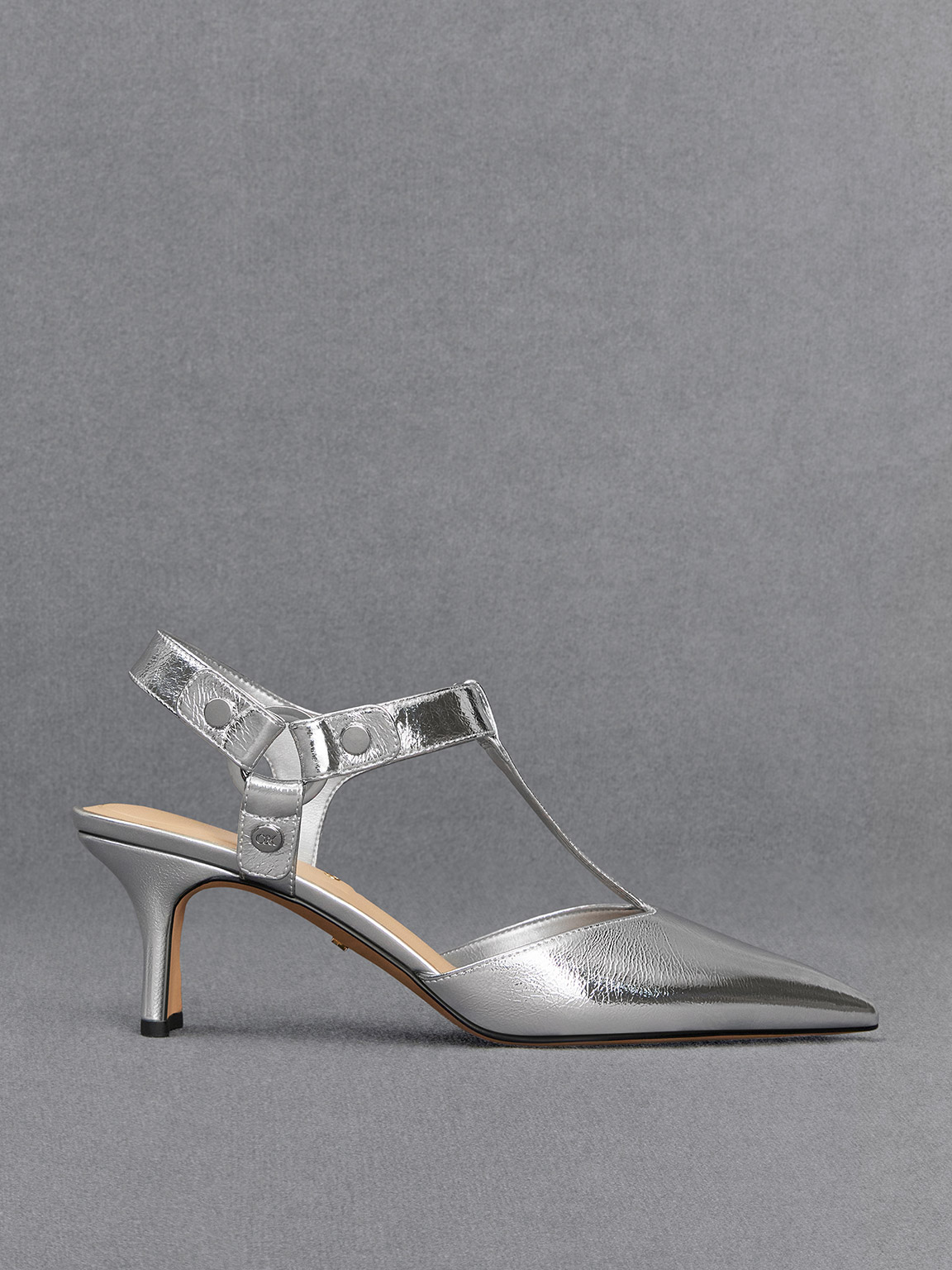 Shop Charles & Keith - Leather Metallic Buckled T-bar Pumps In Silver