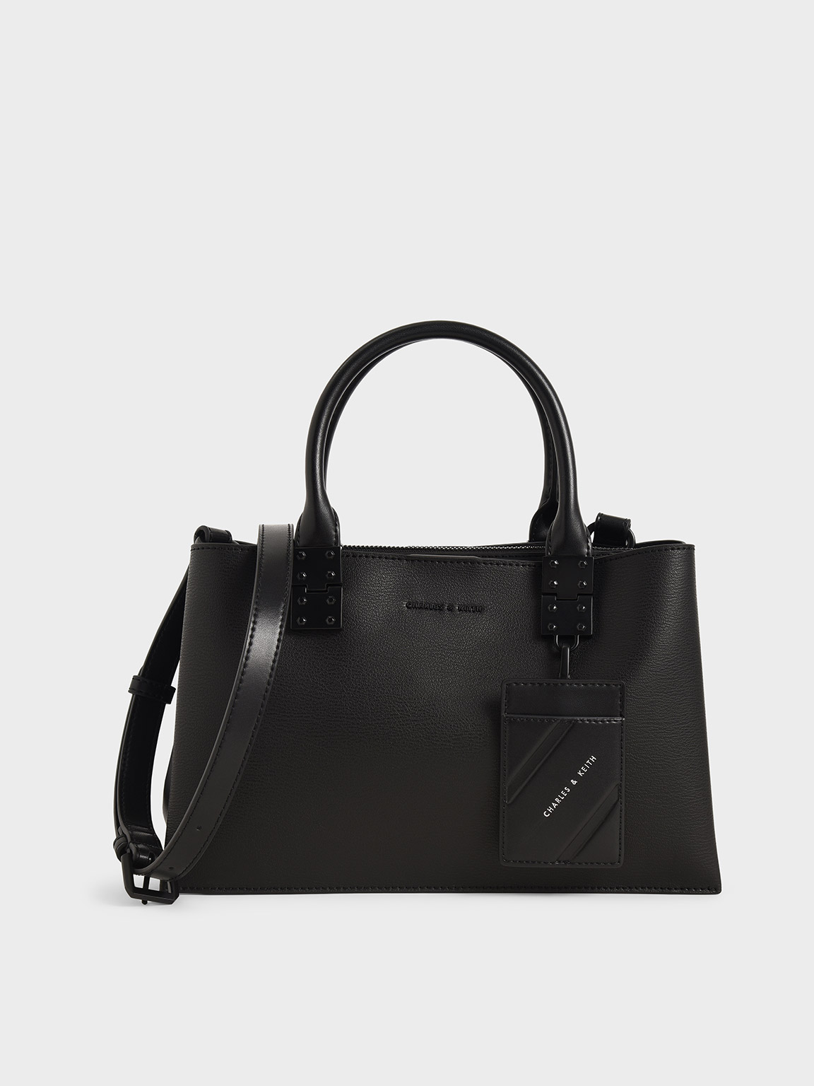 Ultra Matte Black Double Top Handle Structured Bag - CHARLES 