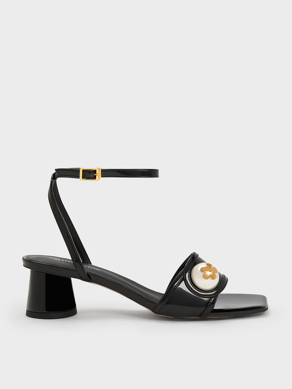 Charles & Keith Pearl-embellished Patent Sandals In Black Patent