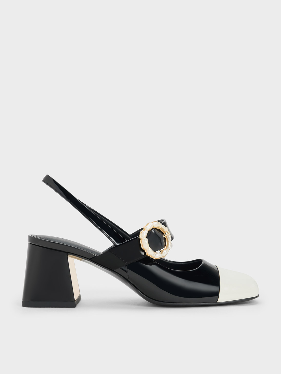 Charles & Keith - Women's Patent Two-Tone Pearl Buckle Slingback Pumps, Black Patent, US 6