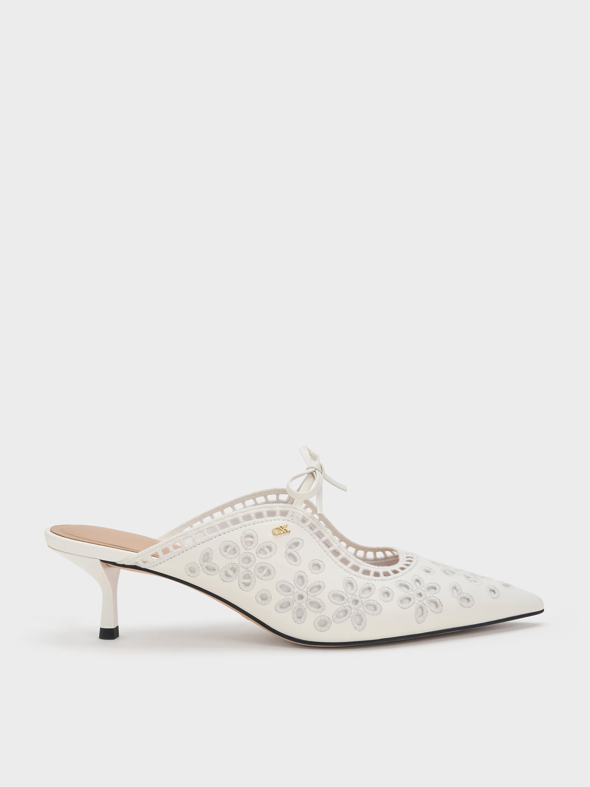Leather Embroidered Heeled Mules - White - CHARLES & KEITH SG