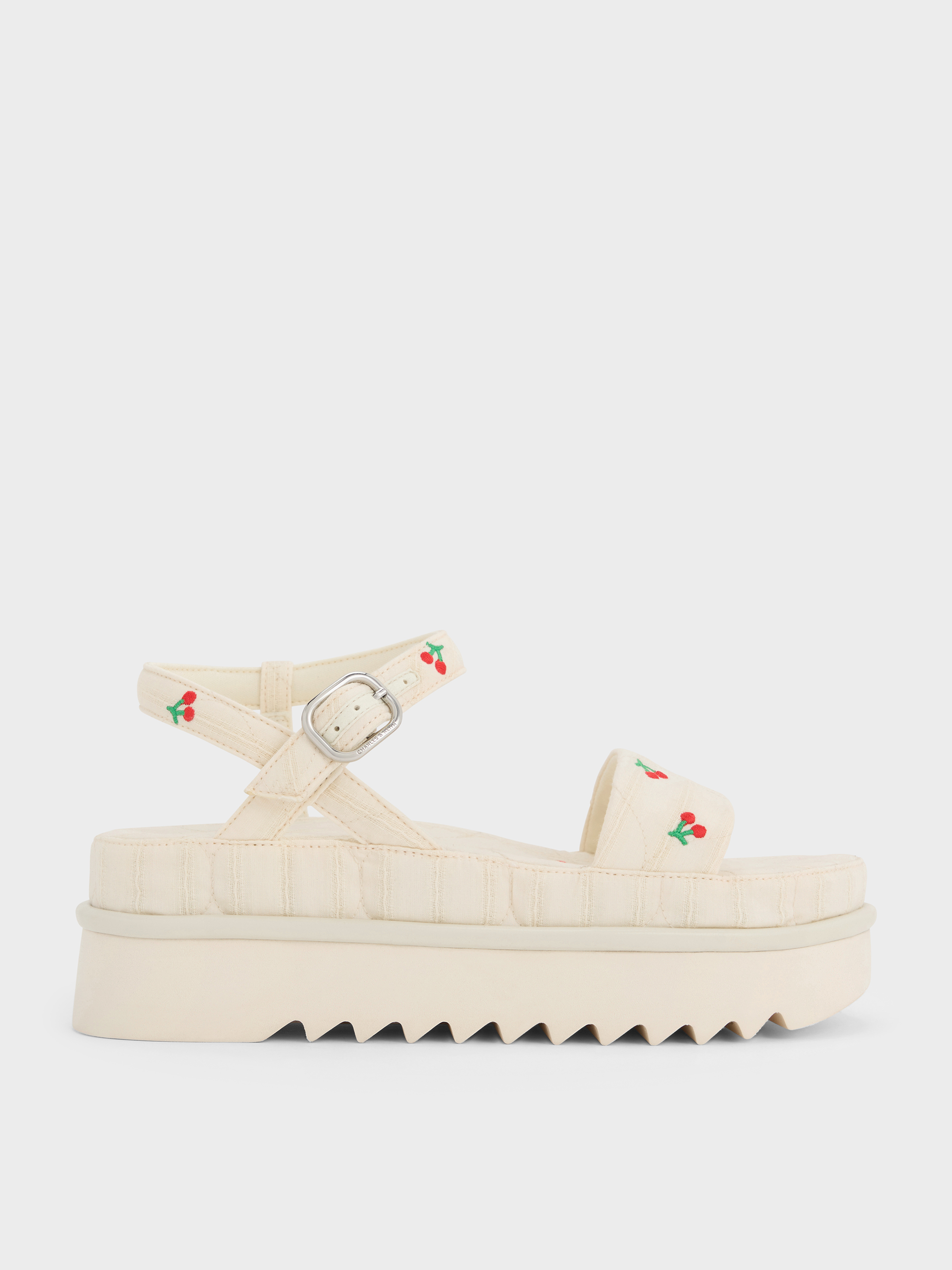 Multicoloured Cherry-Print Flatform Ankle-Strap Sandals - Multi