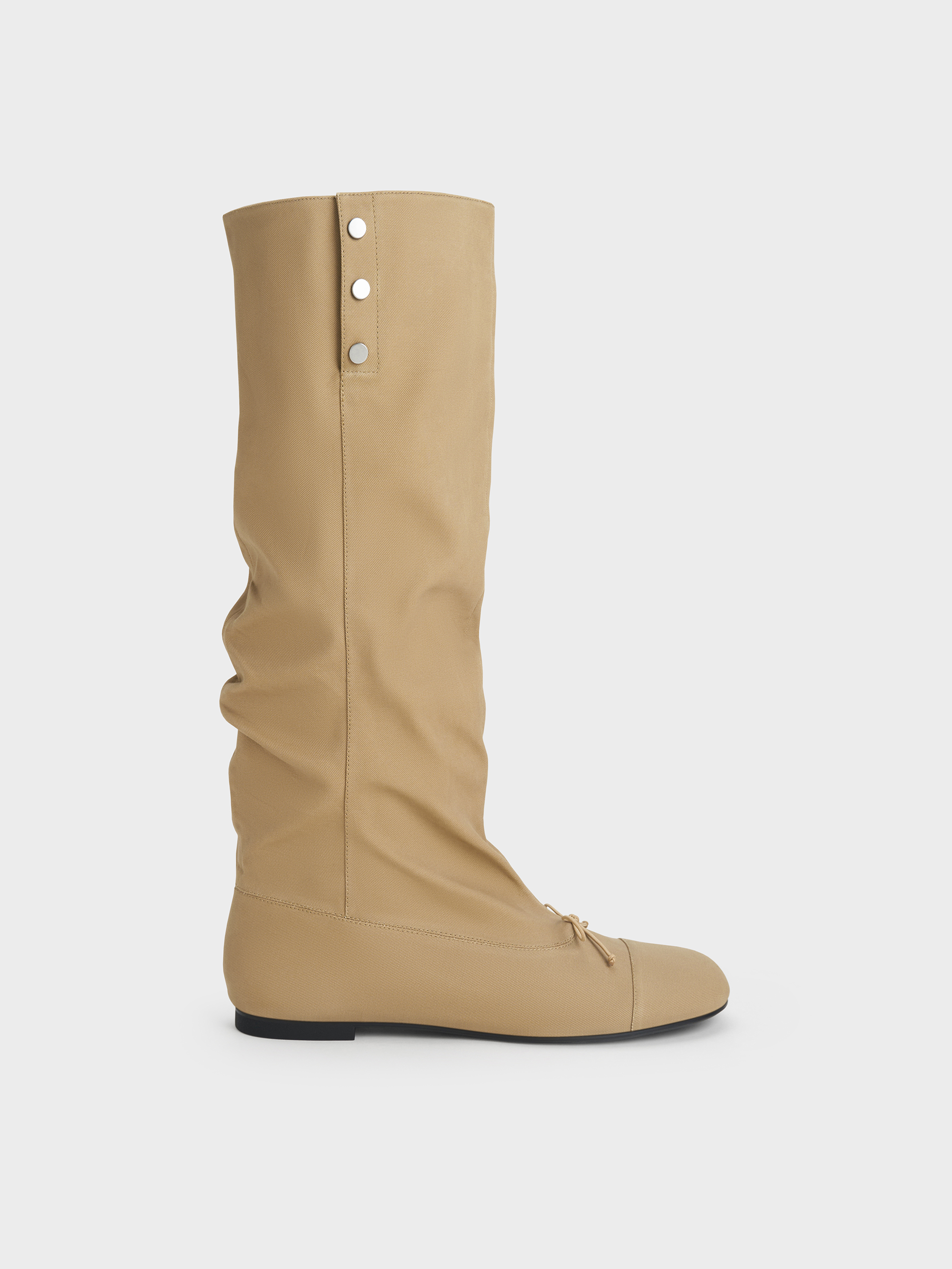 Charles & Keith - Gael Twill Studded Slouchy Knee-high Boots In Sand