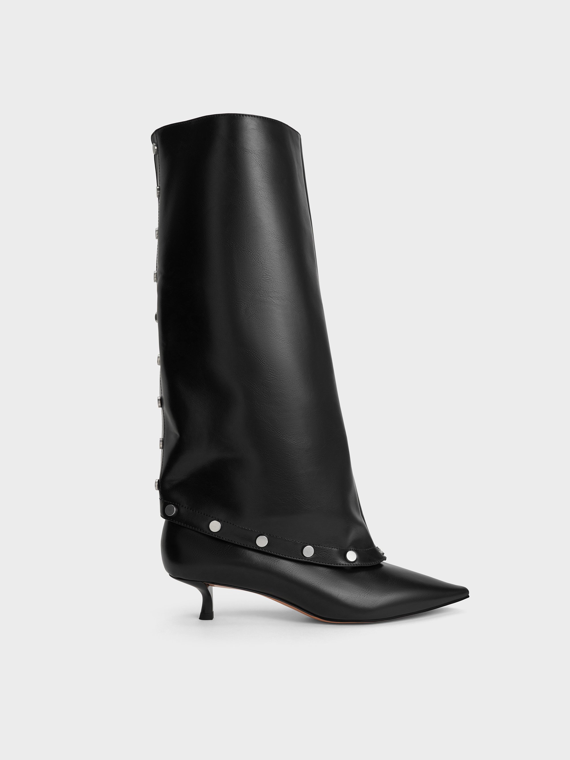 Charles & Keith - Gael Studded Convertible Kitten-heel Knee-high Boots In Black