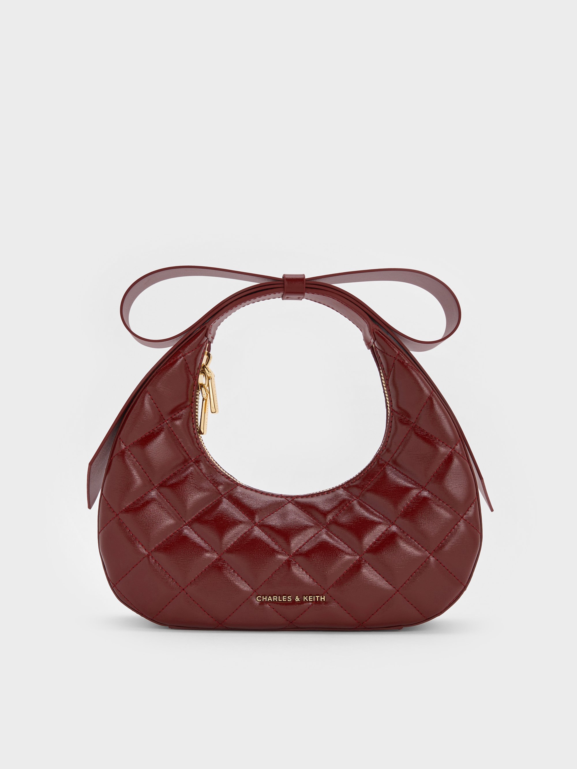 Charles & Keith - Janie Quilted Bow-handle Crescent Bag In Burgundy