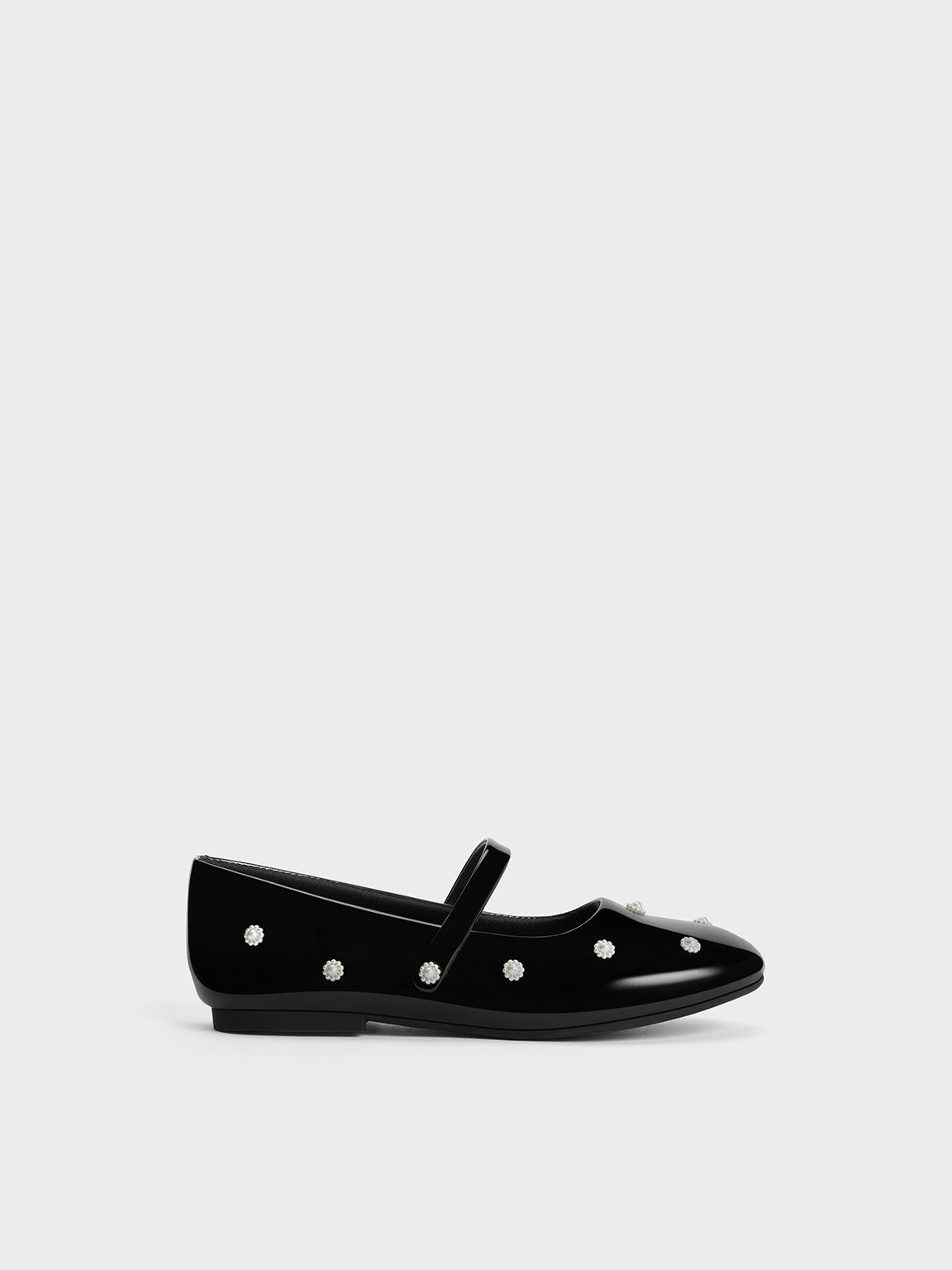 Charles & Keith Girls' Patent Flower-beaded Mary Janes In Black Patent