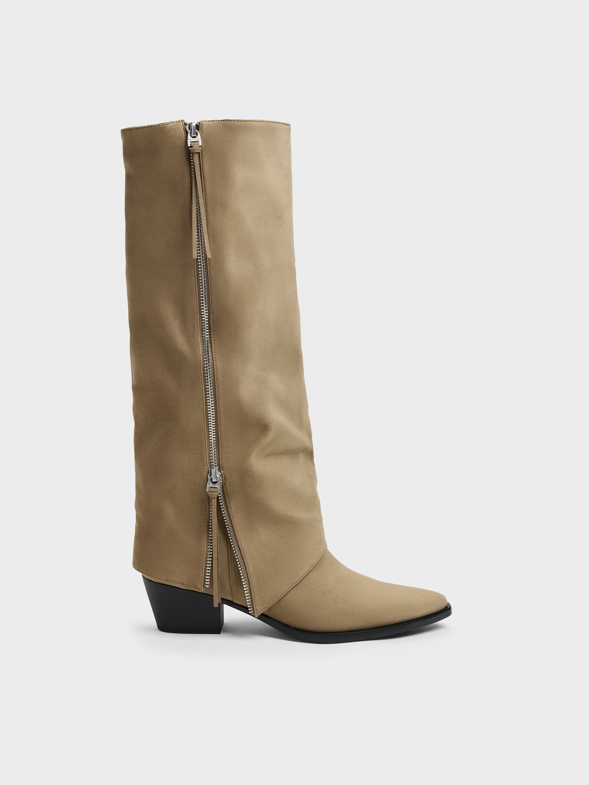 Aether Faux Suede Tassel-Zip Knee-High Boots - Khaki - CHARLES