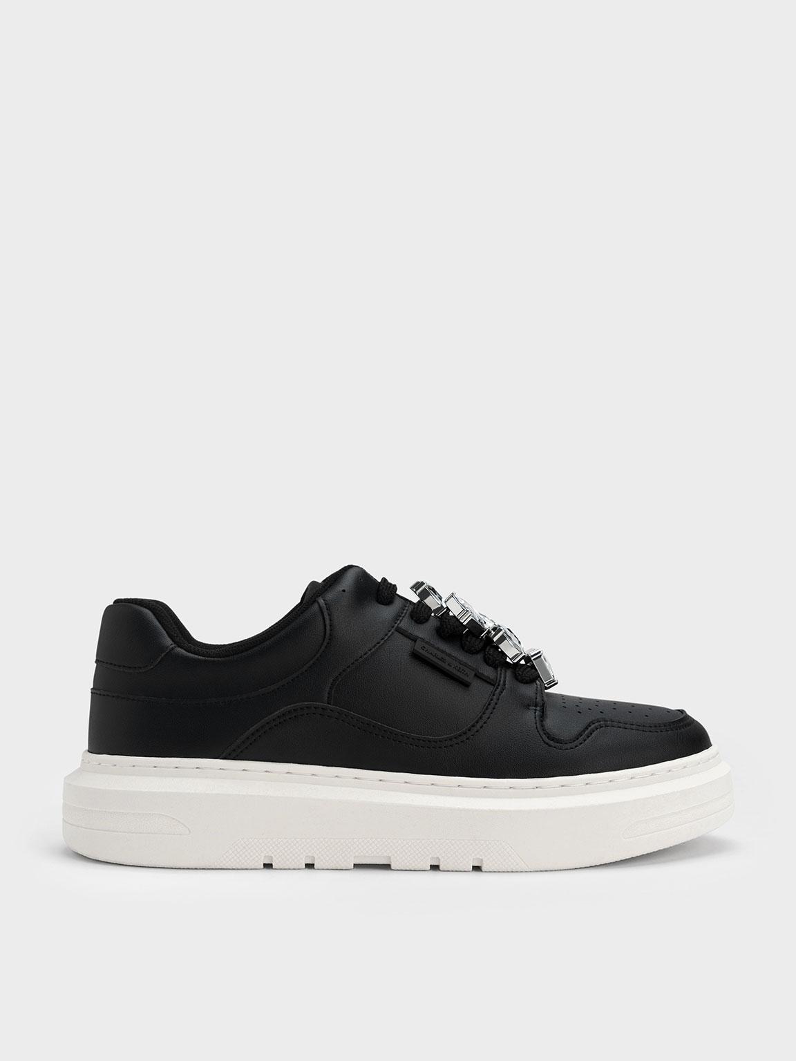 Black Gem-Embellished Platform Sneakers | CHARLES & KEITH