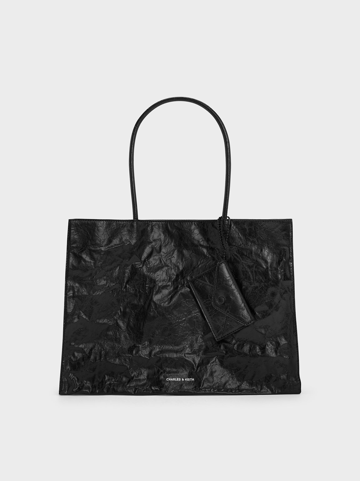 Charles & Keith Large Matina Crinkle-effect Tote Bag In Black
