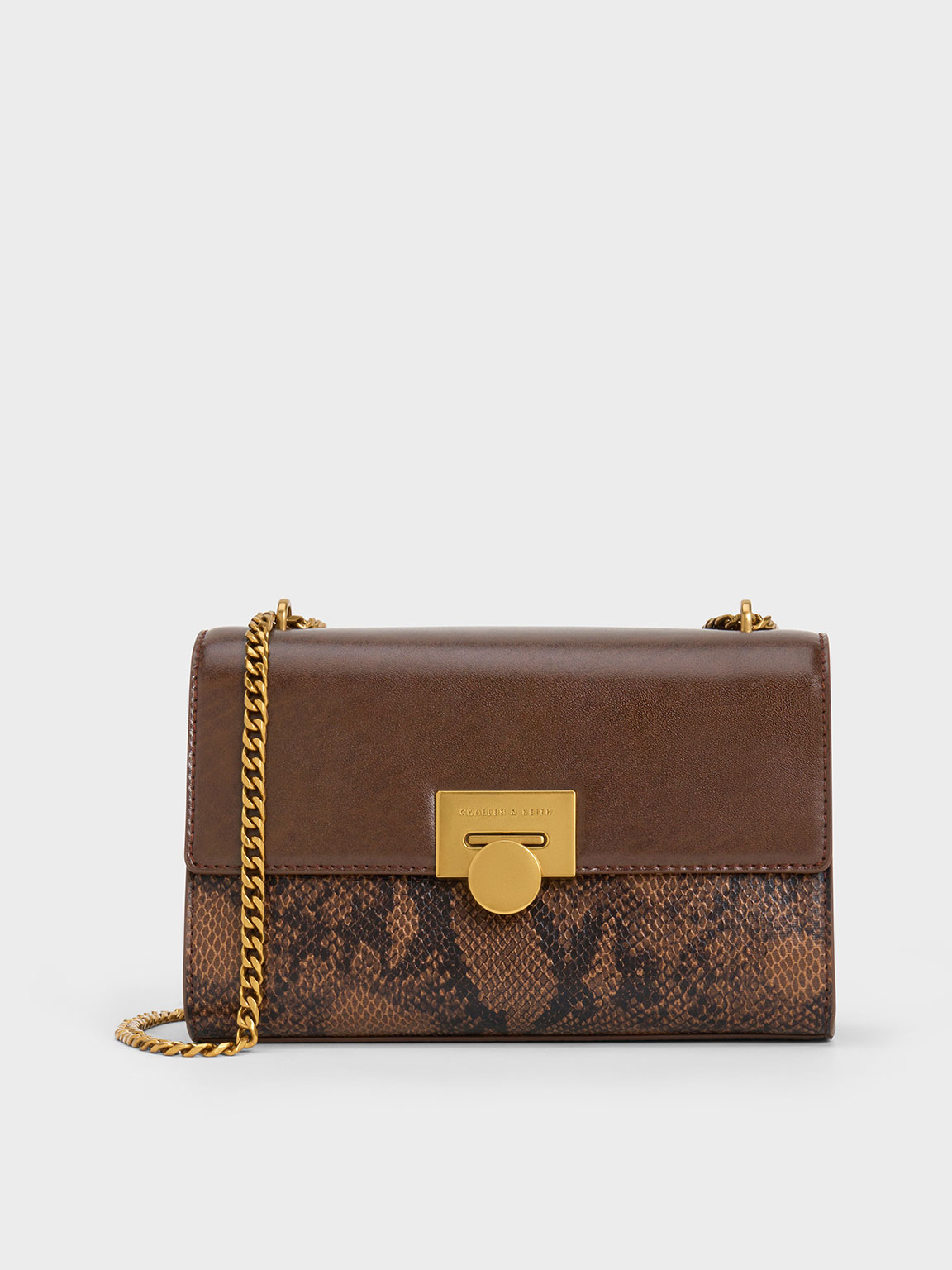 Shop Charles & Keith Snake Print Chain-strap Bag In Brown