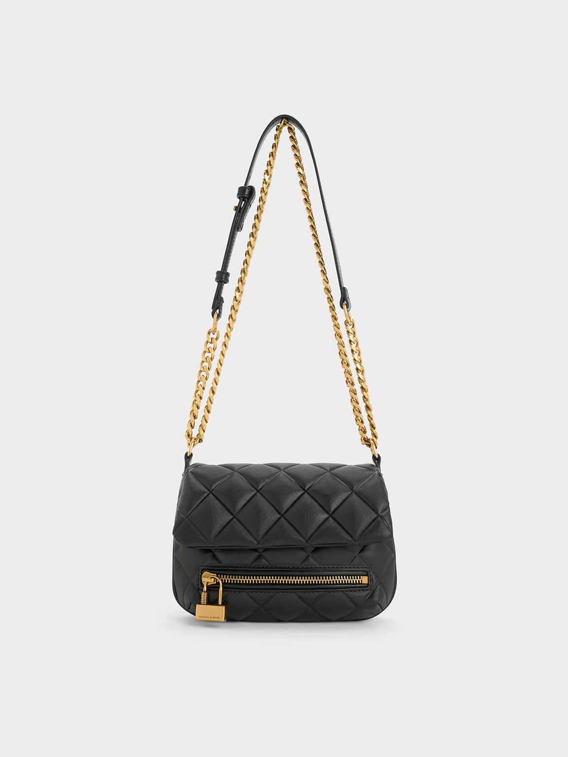 Charles & Keith Mini Swing Quilted Chain-handle Bag In Black