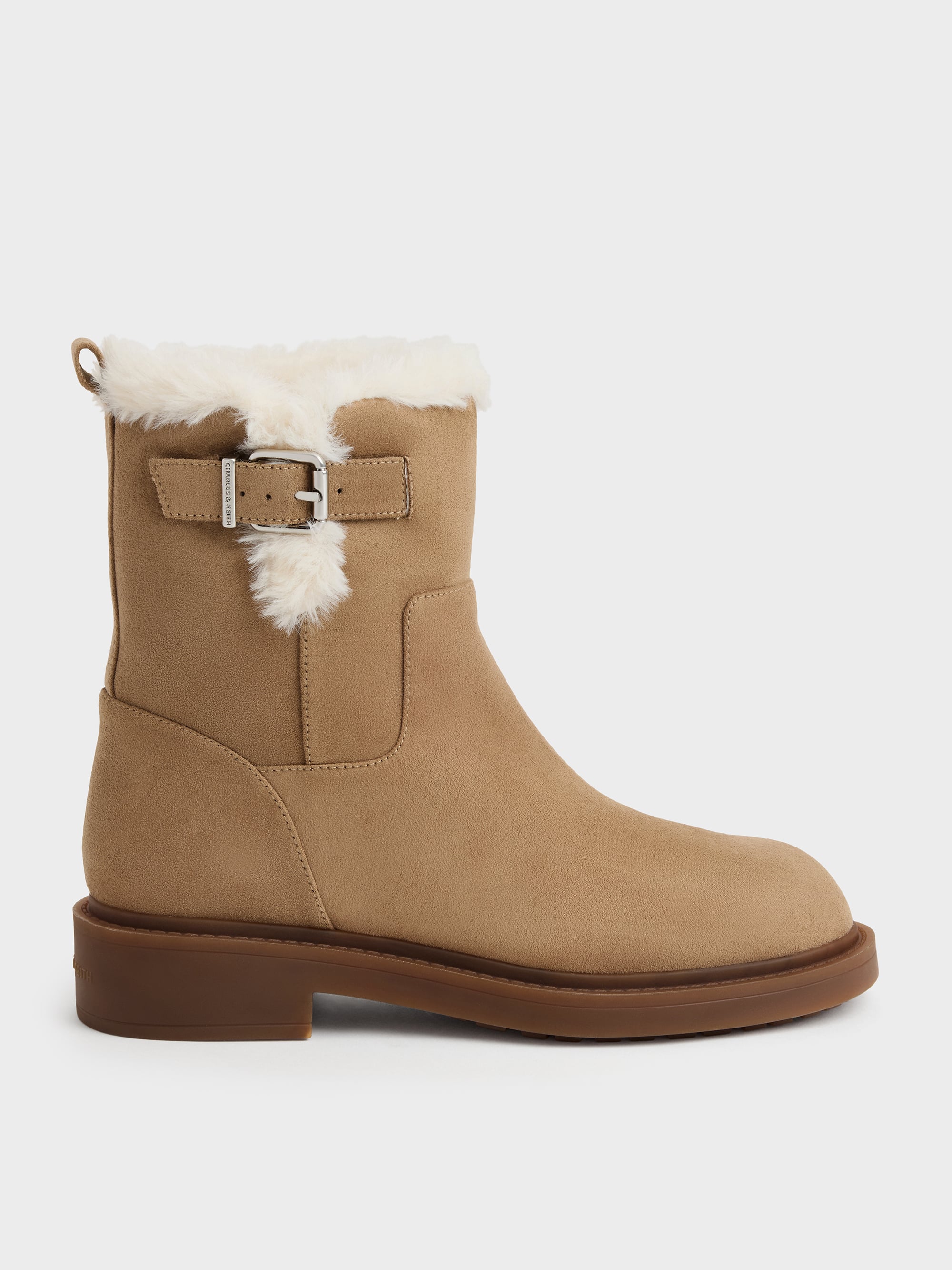 CHARLES & KEITH - Joni Faux Suede Fur-Trim Ankle Boots