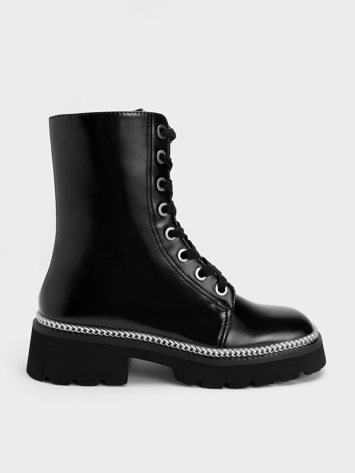 Black Chain-Trim Lace-Up Boots CHARLES KEITH