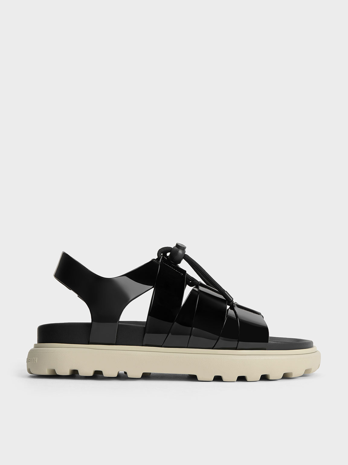 Charles & Keith Patent Drawstring Lace-up Sandals In Black Patent