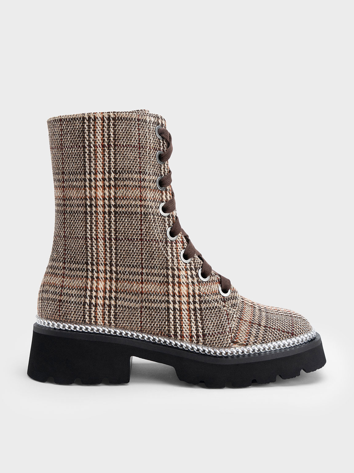 Dark Brown Checkered Chain Trim Lace Up Boots CHARLES KEITH