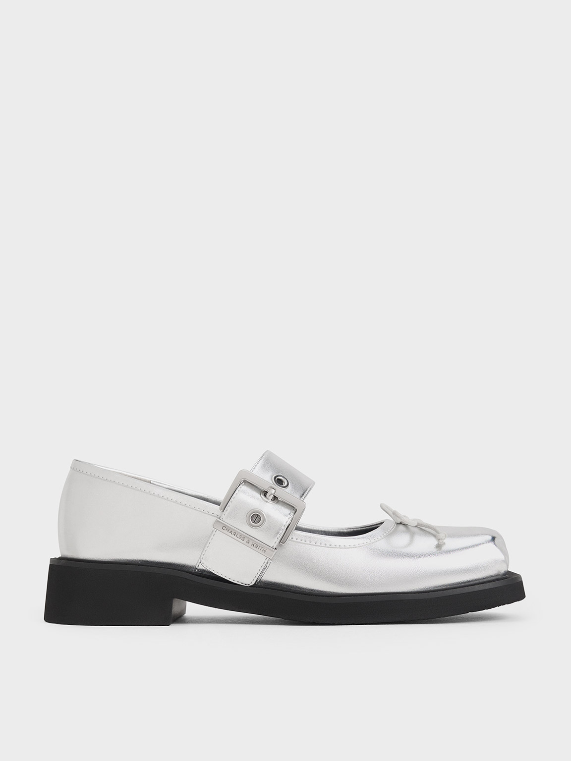 Charles & Keith Metallic Bow Buckled Mary Janes In Silver