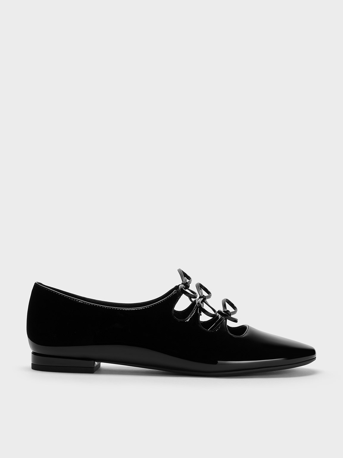 Charles & Keith Dorri Patent Triple-bow Ballet Flats In Black Patent