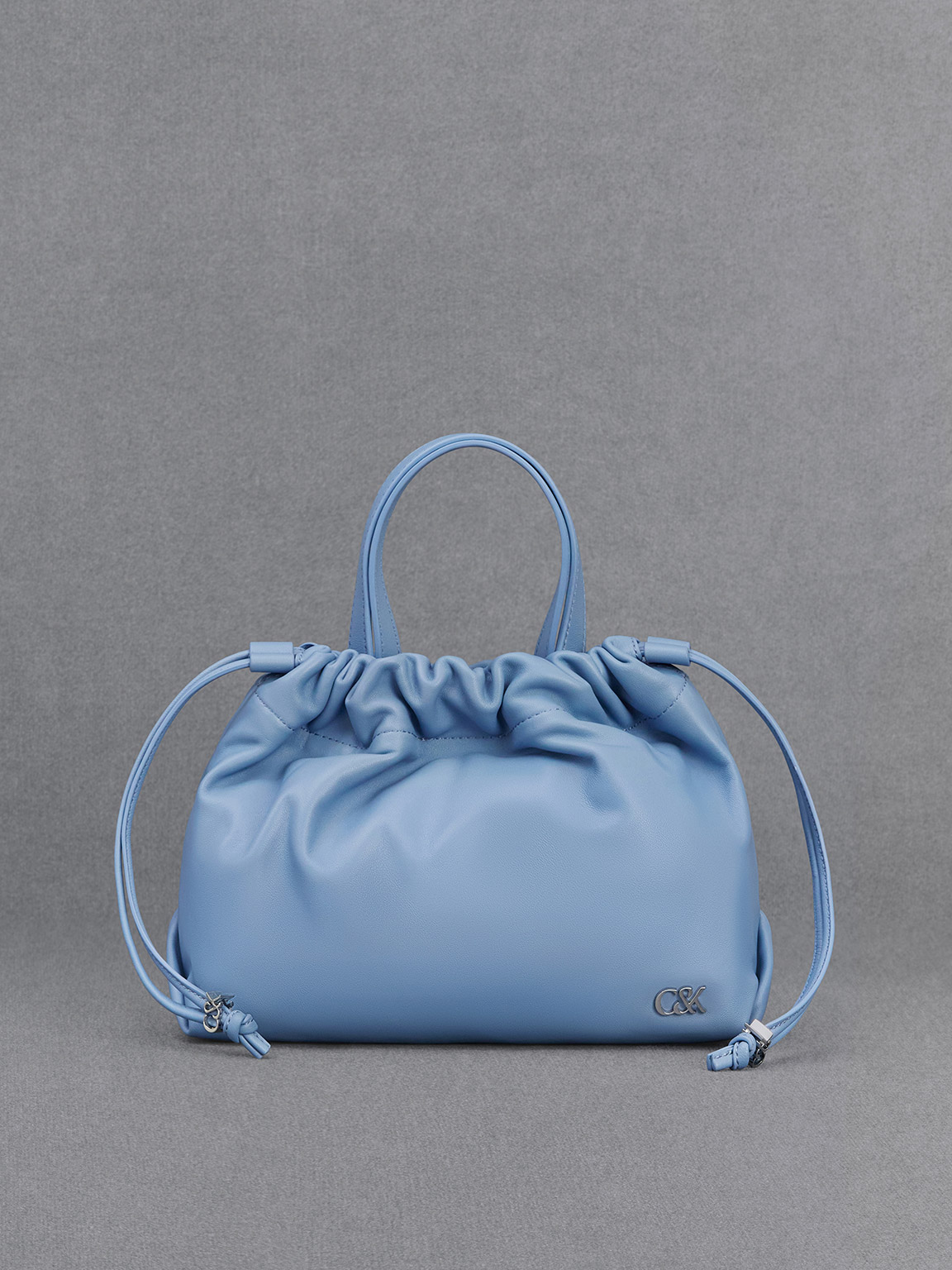 Shop Charles & Keith Leather Ruched Drawstring Bag In Light Blue