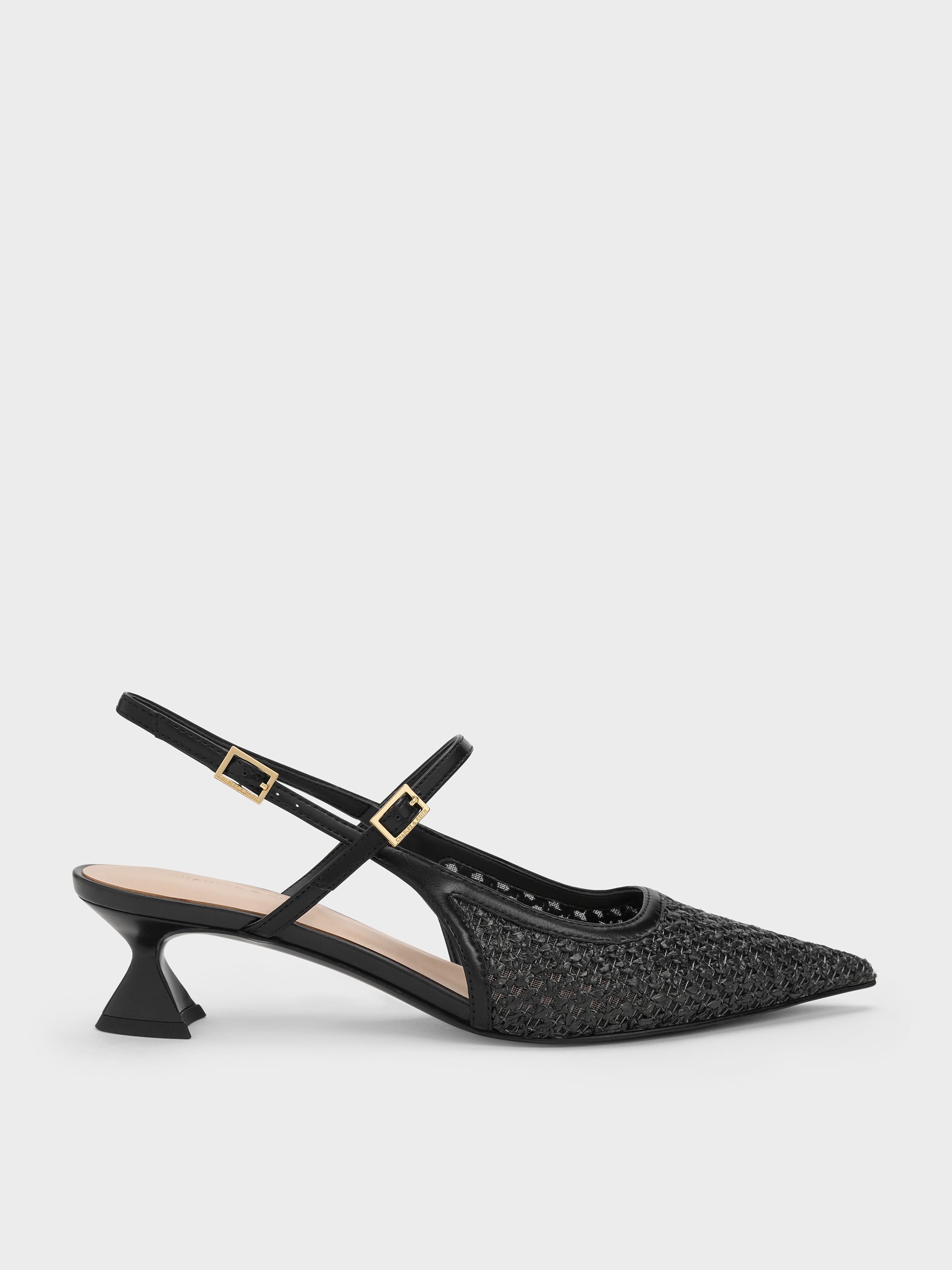 Raffia Sculptural-Heel Slingback Pumps - Black Textured - CHARLES