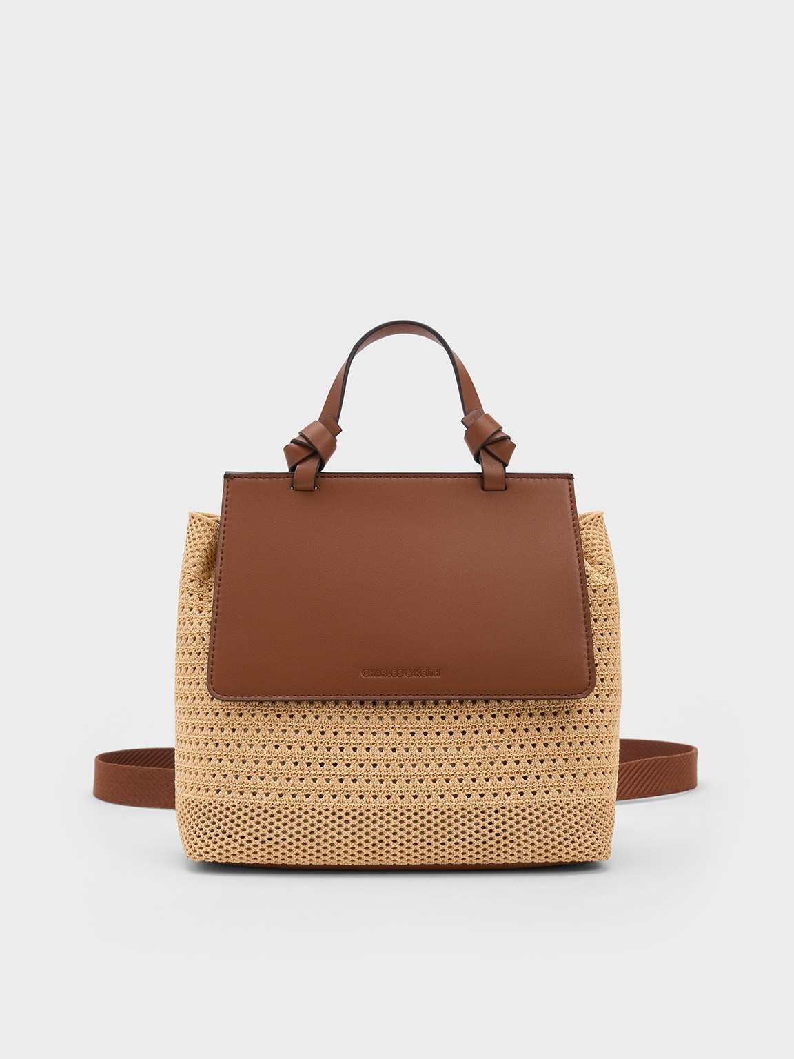 Charles & Keith Ida Knitted Front Flap Backpack In Beige