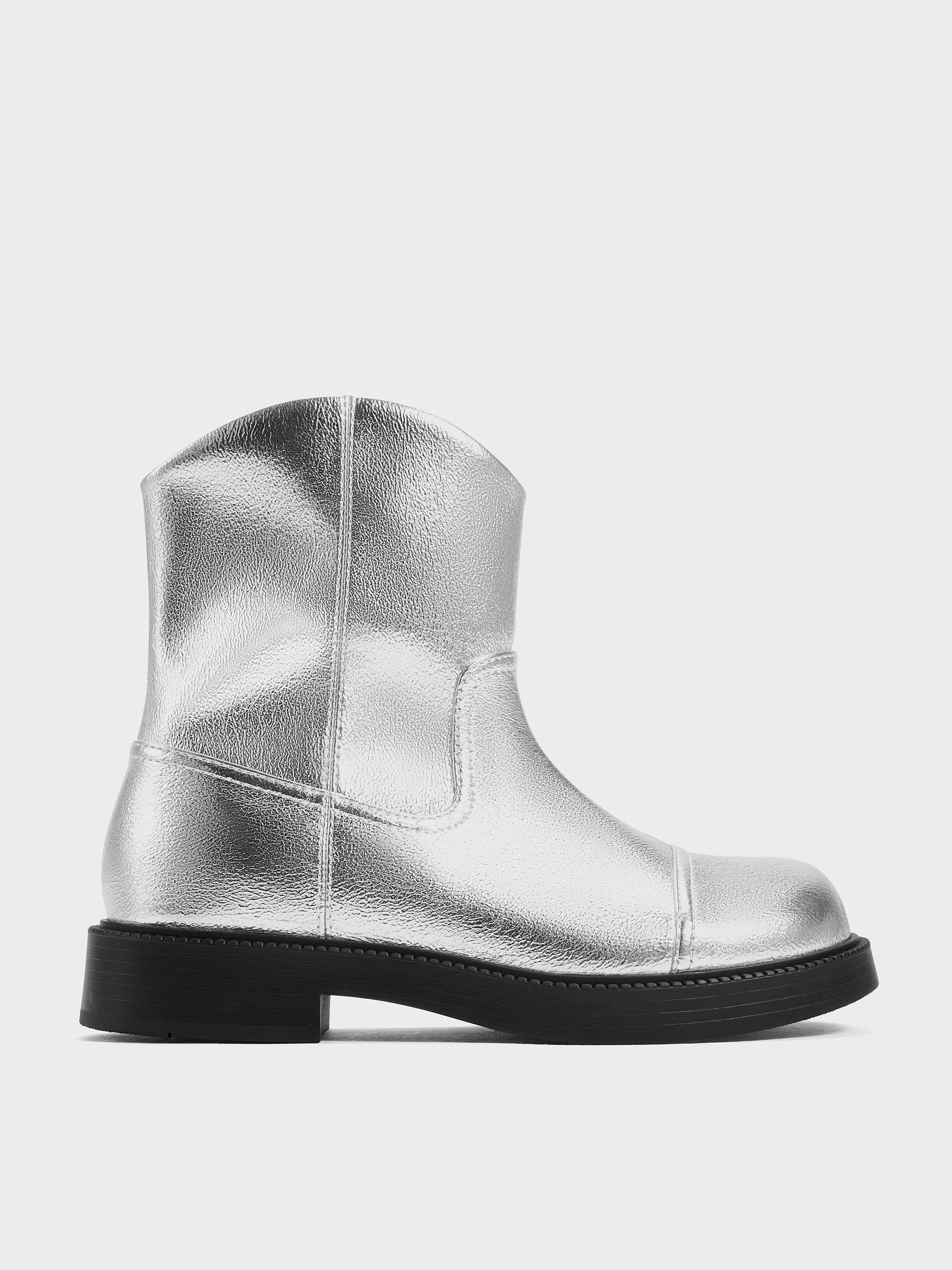Charles & Keith - Girls' Metallic Stitch-trim Ankle Boots In Silver