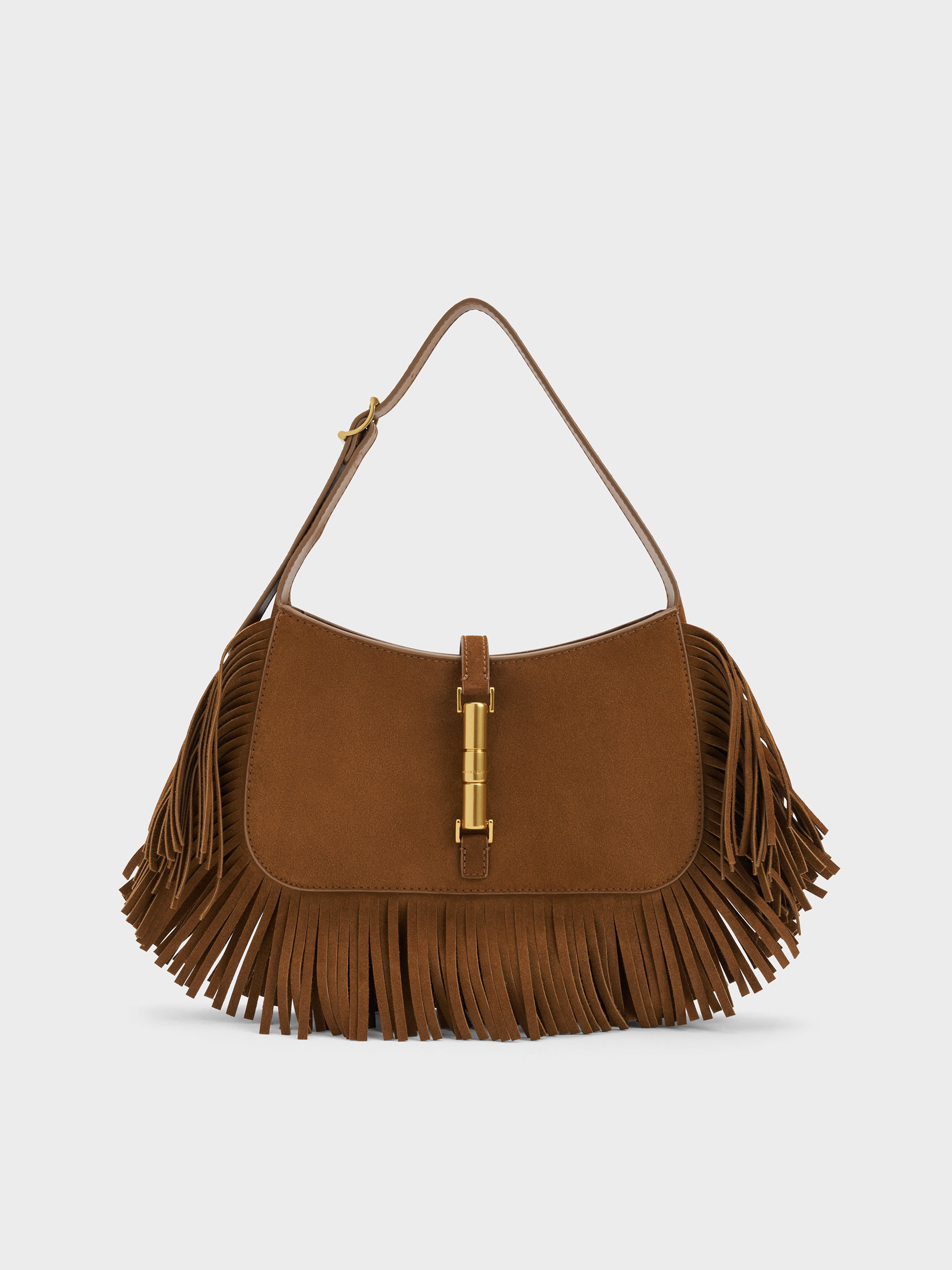 Charles & Keith - Cesia Recycled Suede Metallic-accent Fringed Shoulder Bag In Brown