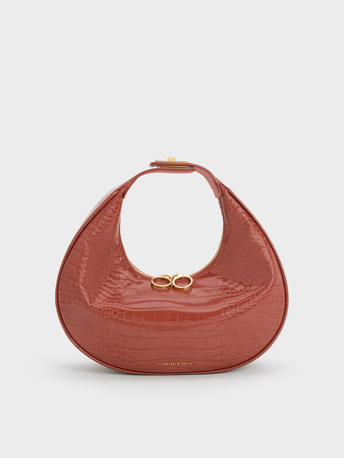 Charles & Keith Croc-embossed Crescent Hobo Bag In Brown