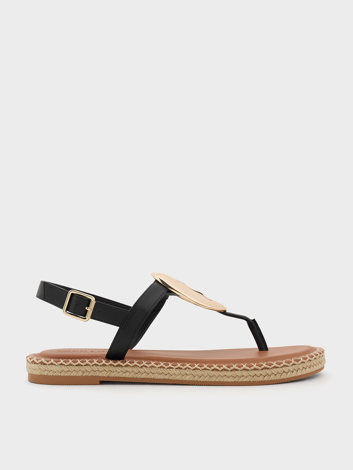 Shop Charles & Keith - Metallic Oval Espadrille Sandals In Black