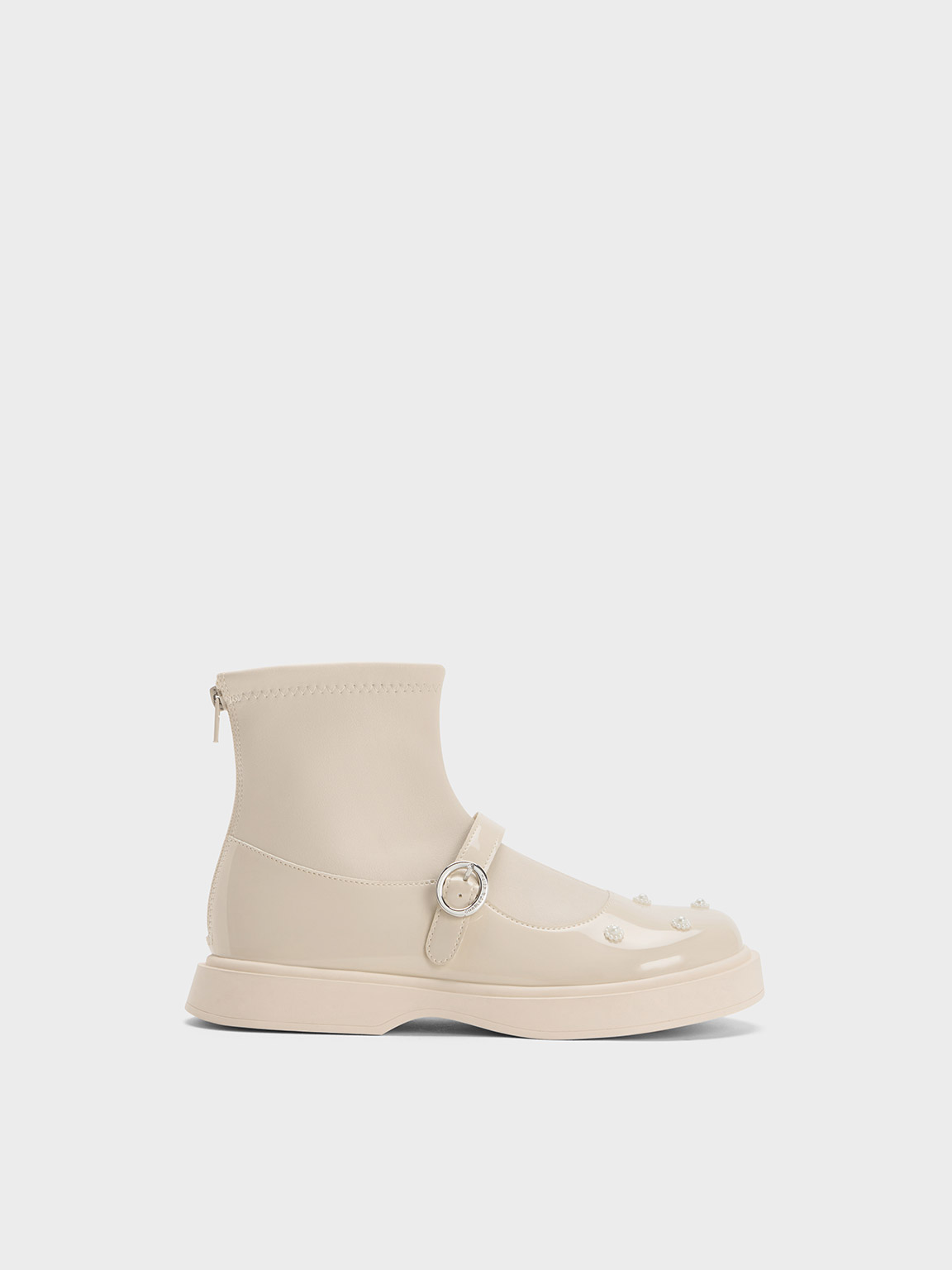 Charles & Keith Girls' Patent Flower-beaded Ankle Boots In Cream