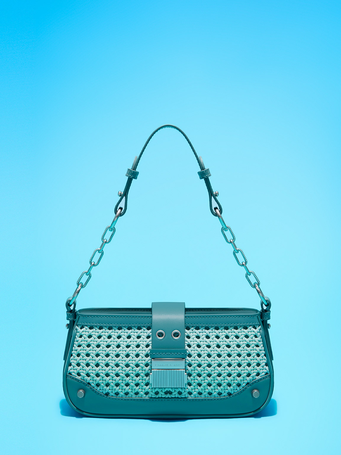 Charles & Keith Winslet Woven Belted Shoulder Bag In Turquoise