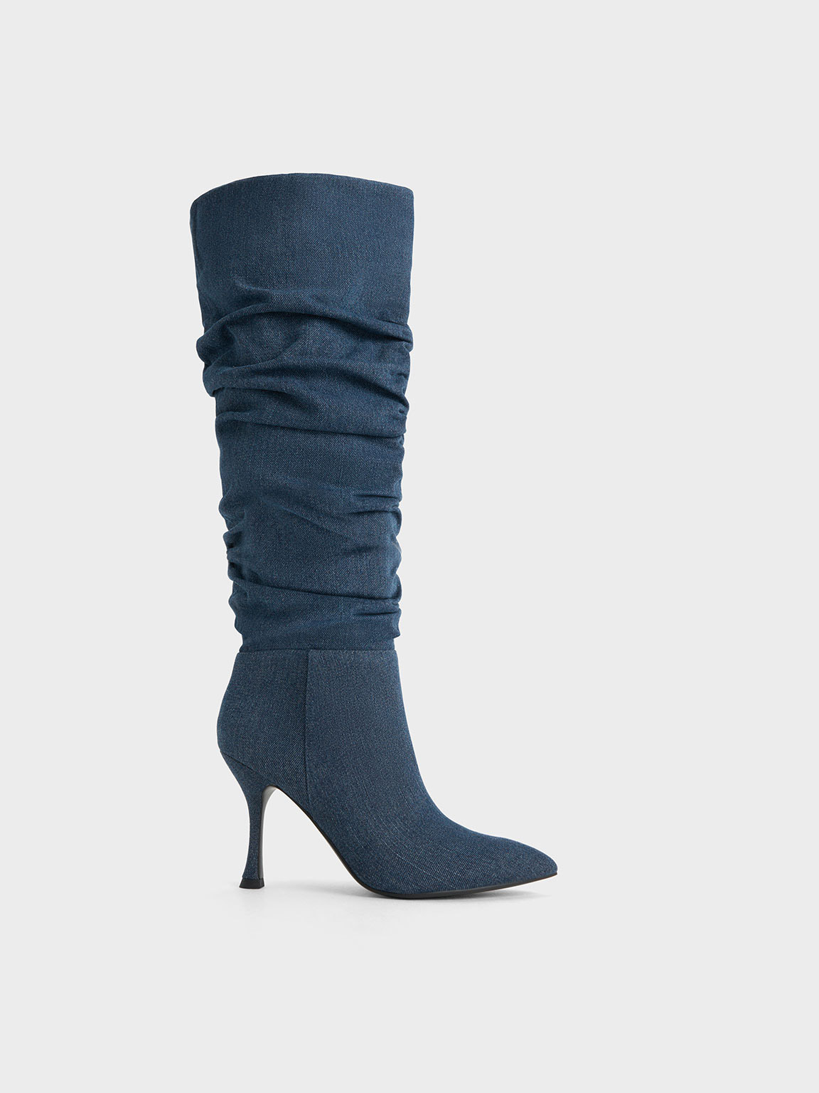 Charles & Keith Aster Denim Ruched Knee-high Boots In Blue